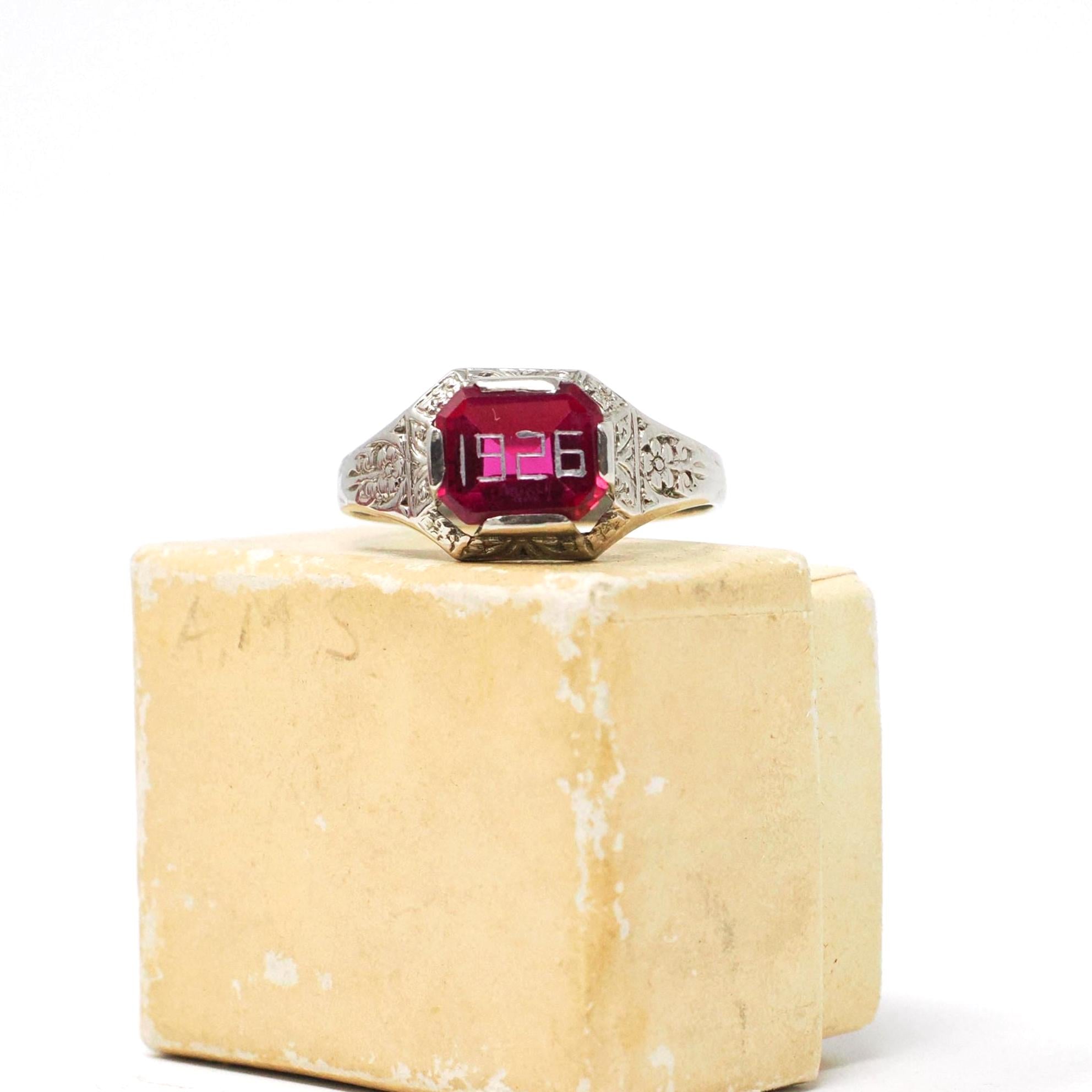 Art Deco "1926" Ring - Antique 14k White Gold Created Ruby Gemstone - Vintage Circa 1920s Size 6 3/4 July Birthstone Flowers Fine Jewelry