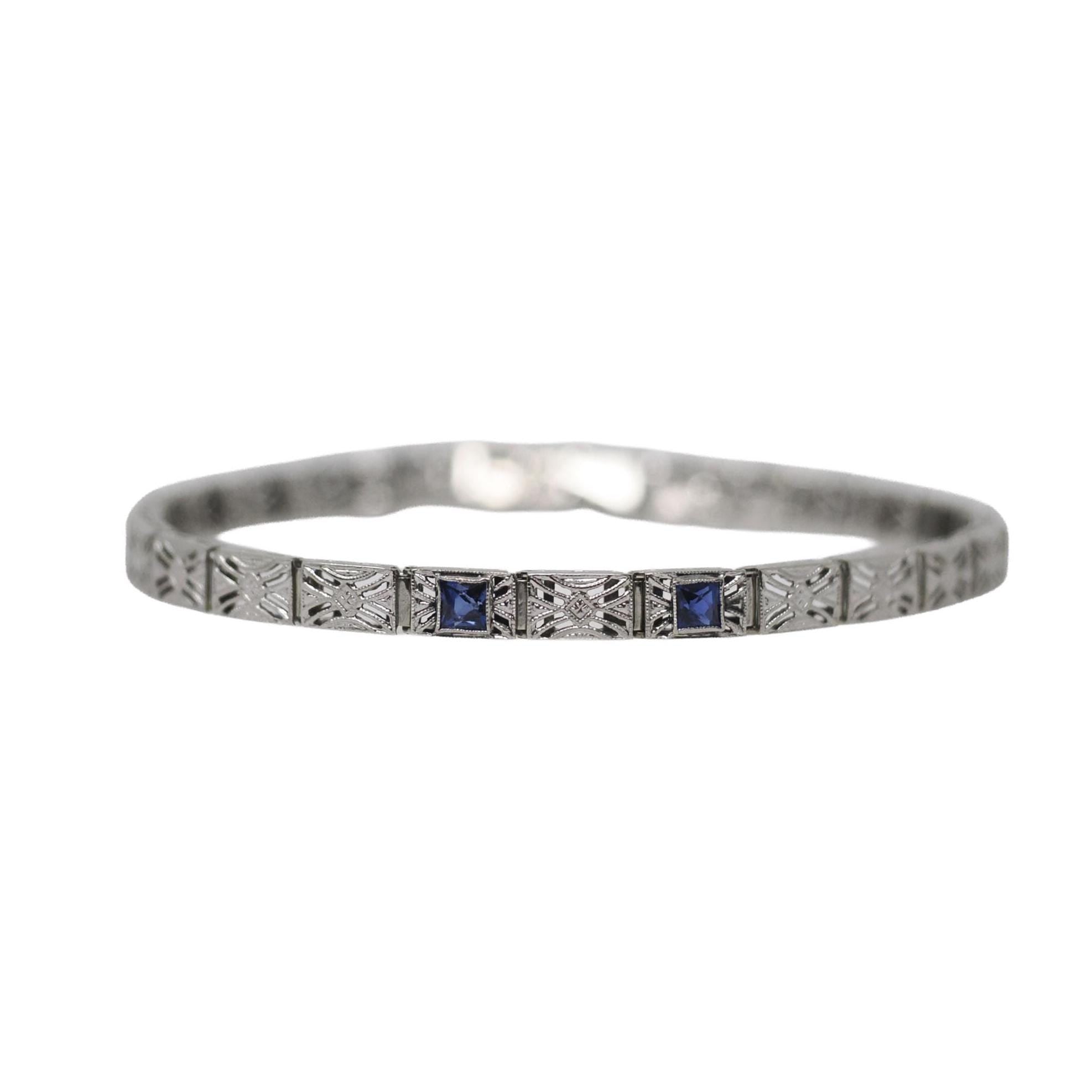 Art Deco Bracelet - Vintage 14k White Gold Filigree Created Blue Sapphires - Circa 1930s Wedding Filigree Panel Die Struck Fine 30s Jewelry