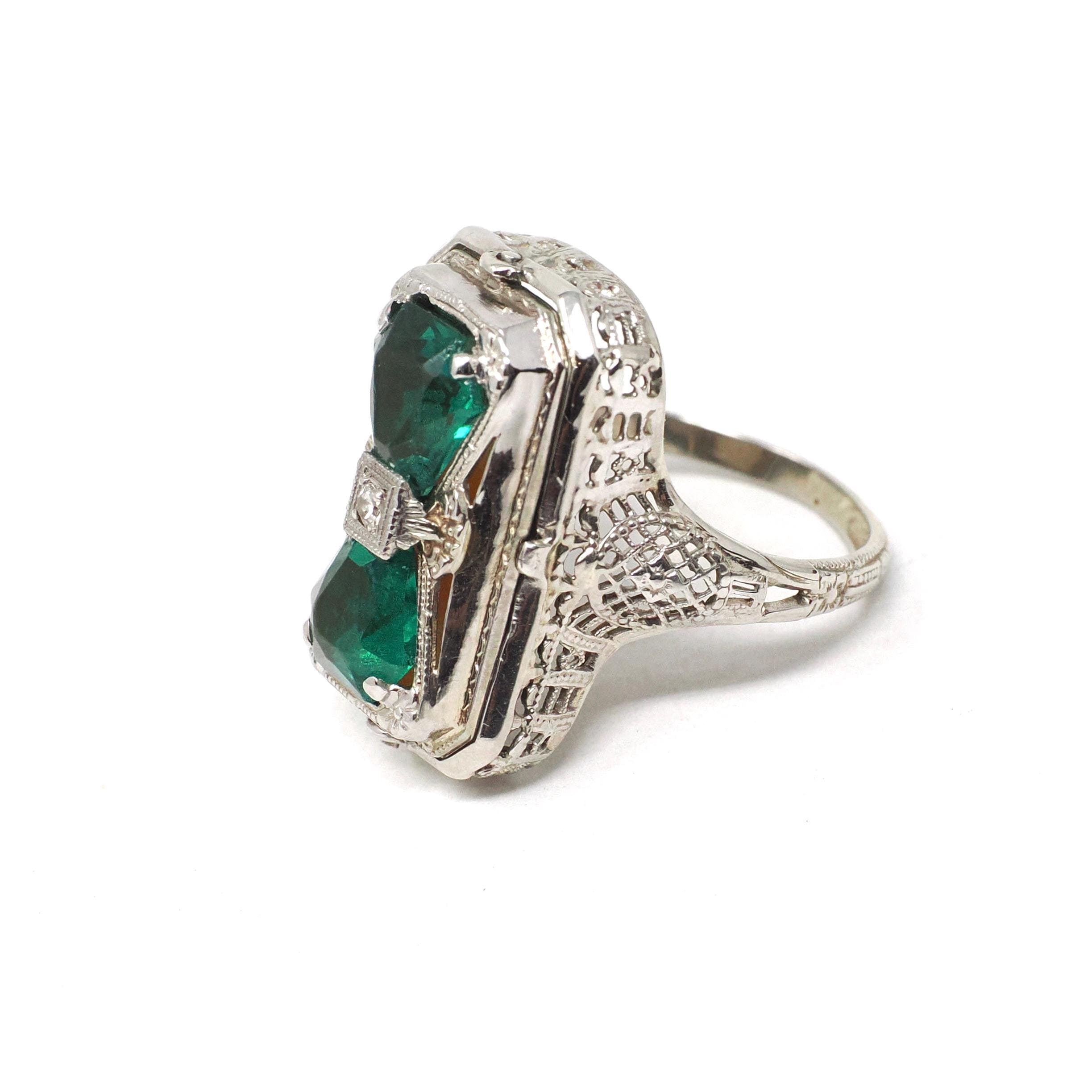 Vintage Flip Ring - Art Deco 14k White Gold Double Sided Cameo Diamond Green Glass Statement - Circa 1930 Size 6 1/4 Reversible Fine Jewelry