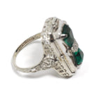 Vintage Flip Ring - Art Deco 14k White Gold Double Sided Cameo Diamond Green Glass Statement - Circa 1930 Size 6 1/4 Reversible Fine Jewelry