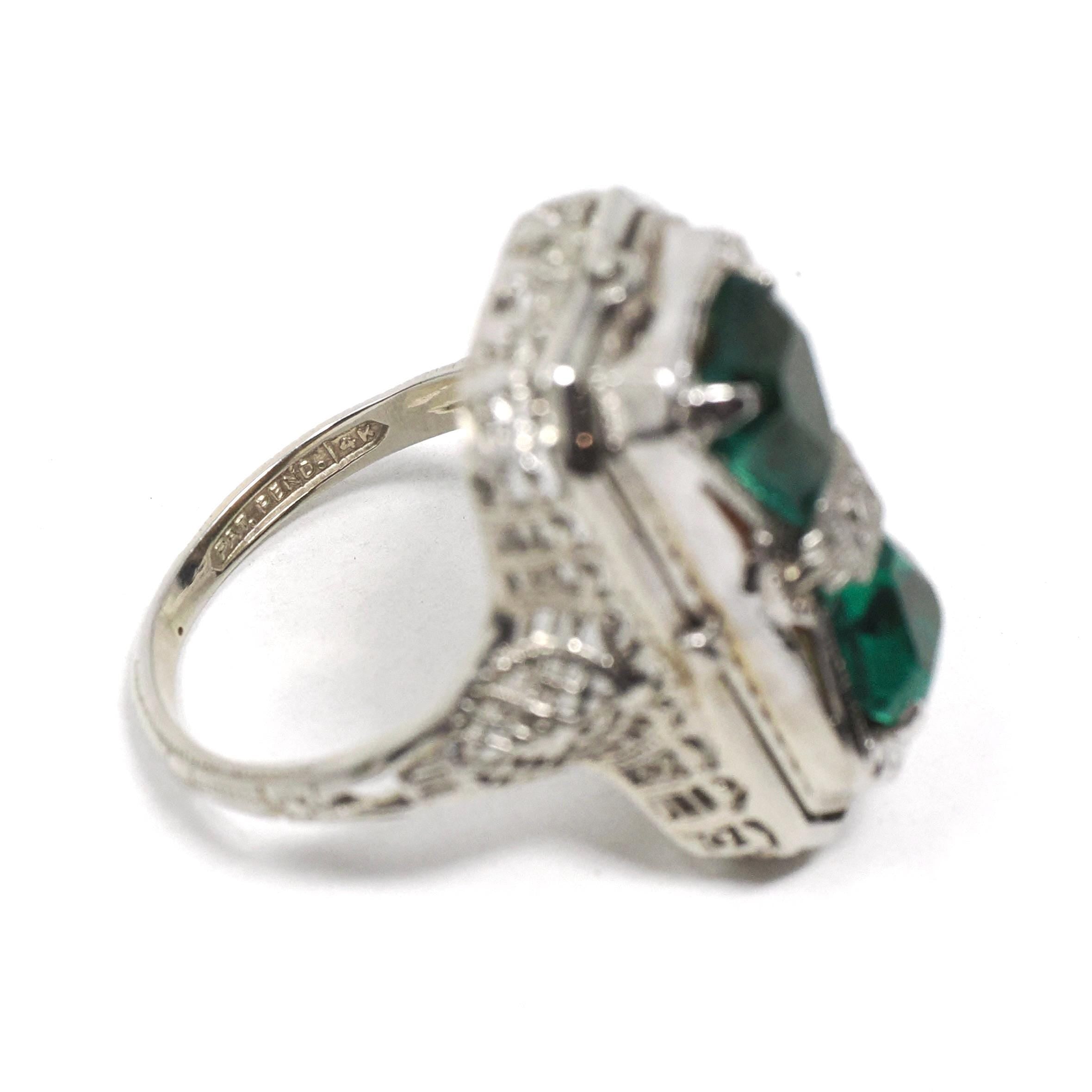 Vintage Flip Ring - Art Deco 14k White Gold Double Sided Cameo Diamond Green Glass Statement - Circa 1930 Size 6 1/4 Reversible Fine Jewelry
