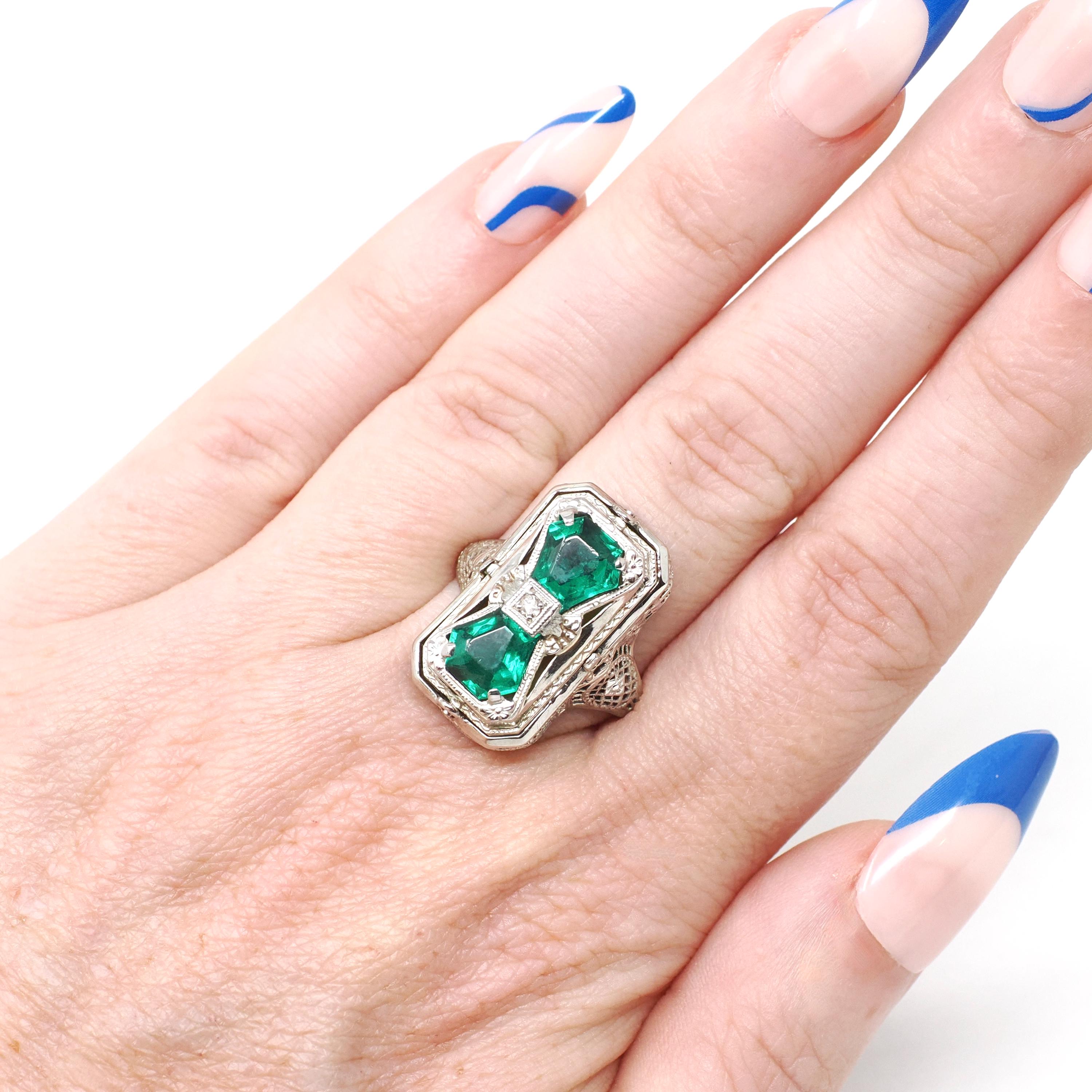 Vintage Flip Ring - Art Deco 14k White Gold Double Sided Cameo Diamond Green Glass Statement - Circa 1930 Size 6 1/4 Reversible Fine Jewelry