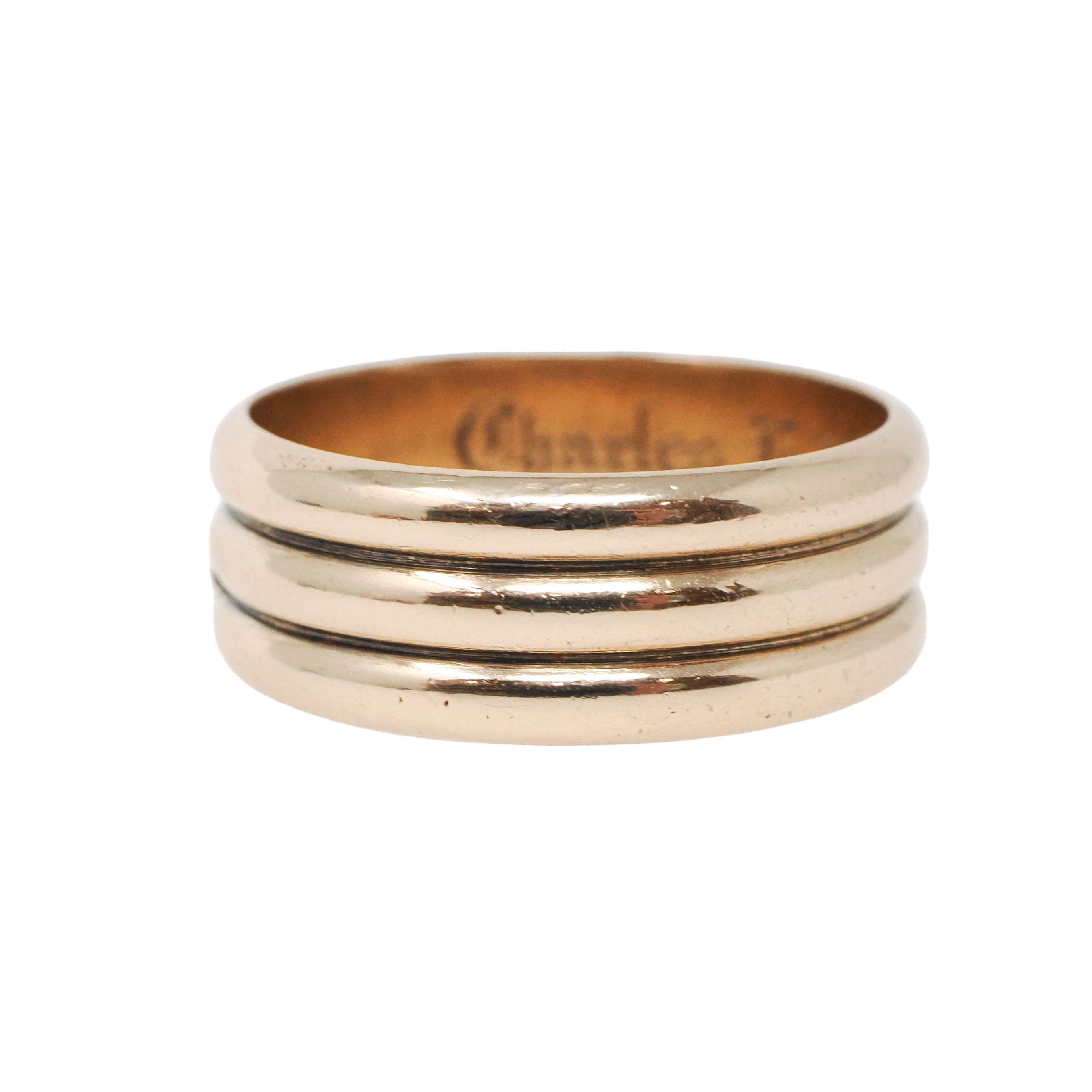 Victorian Cigar Band - Antique 14k Yellow Gold Triple Ring Wide Men's Unisex - Dated 1881 Size 10 Wedding Engraved Fine Statement Jewelry