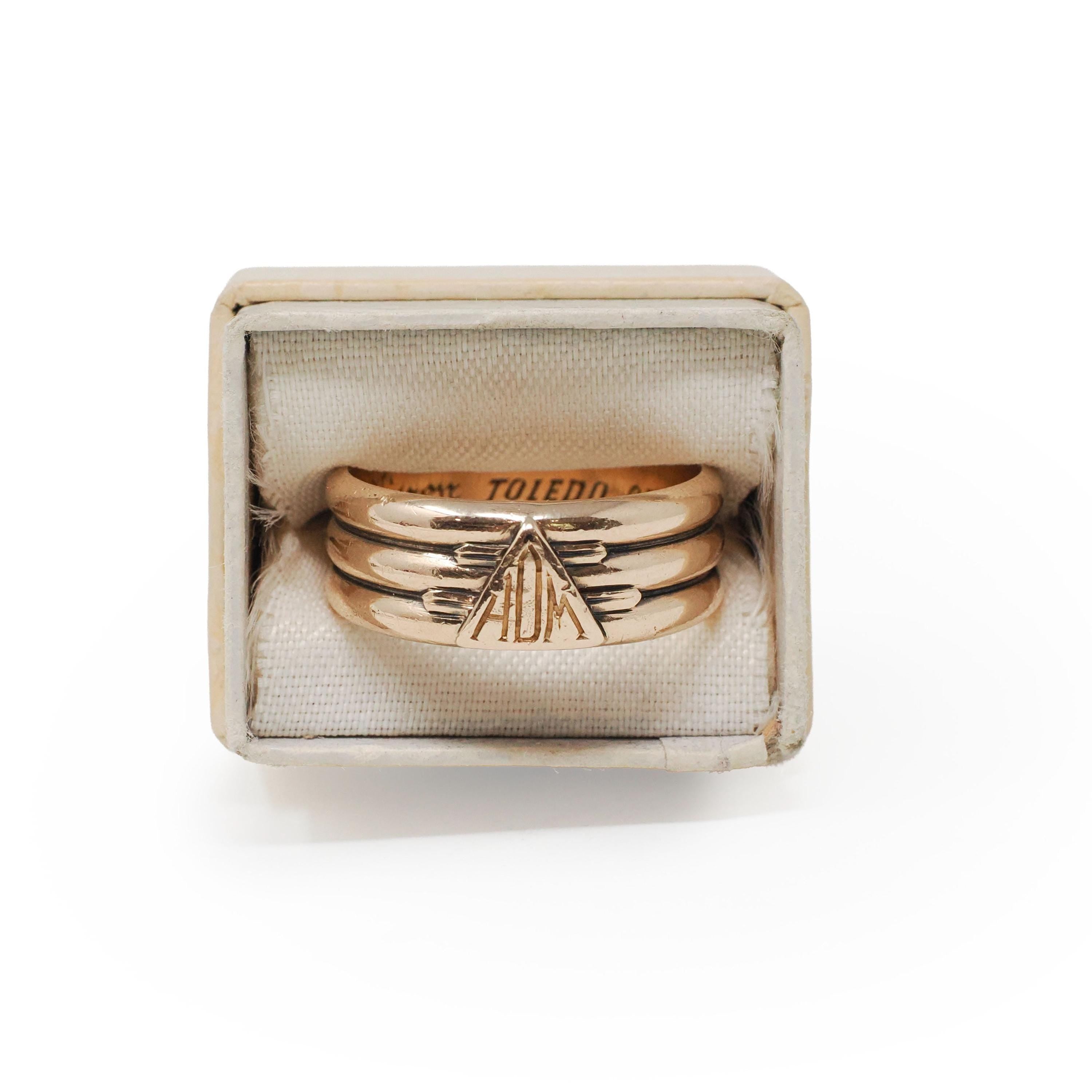 Victorian Cigar Band - Antique 14k Yellow Gold Triple Ring Wide Men's Unisex - Dated 1881 Size 10 Wedding Engraved Fine Statement Jewelry
