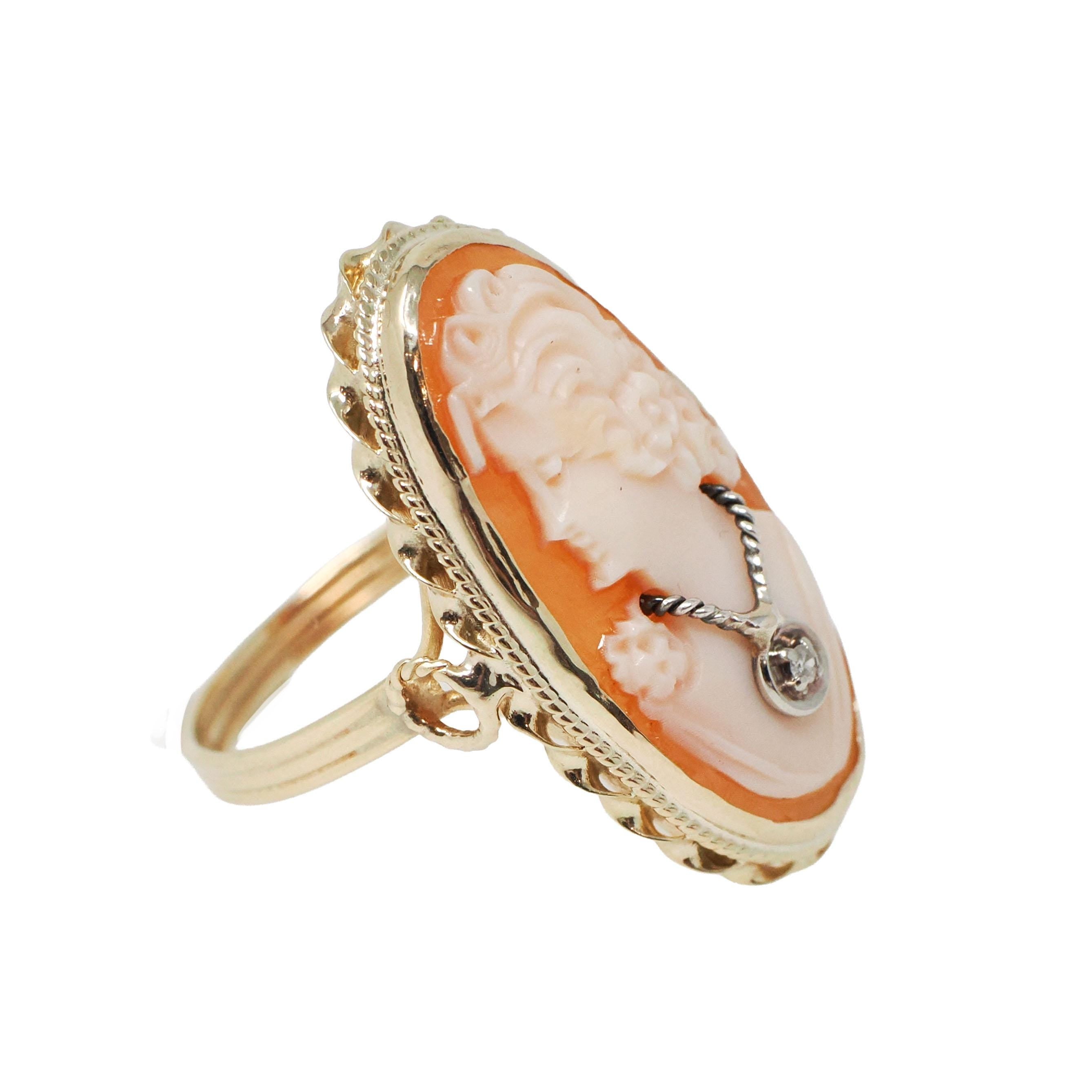 Vintage Cameo Habillé Ring - Mid Century 14k Yellow Gold Natural Diamond - Circa 1960s Era Size 6 Carved Shell Woman's Portrait Fine Jewelry
