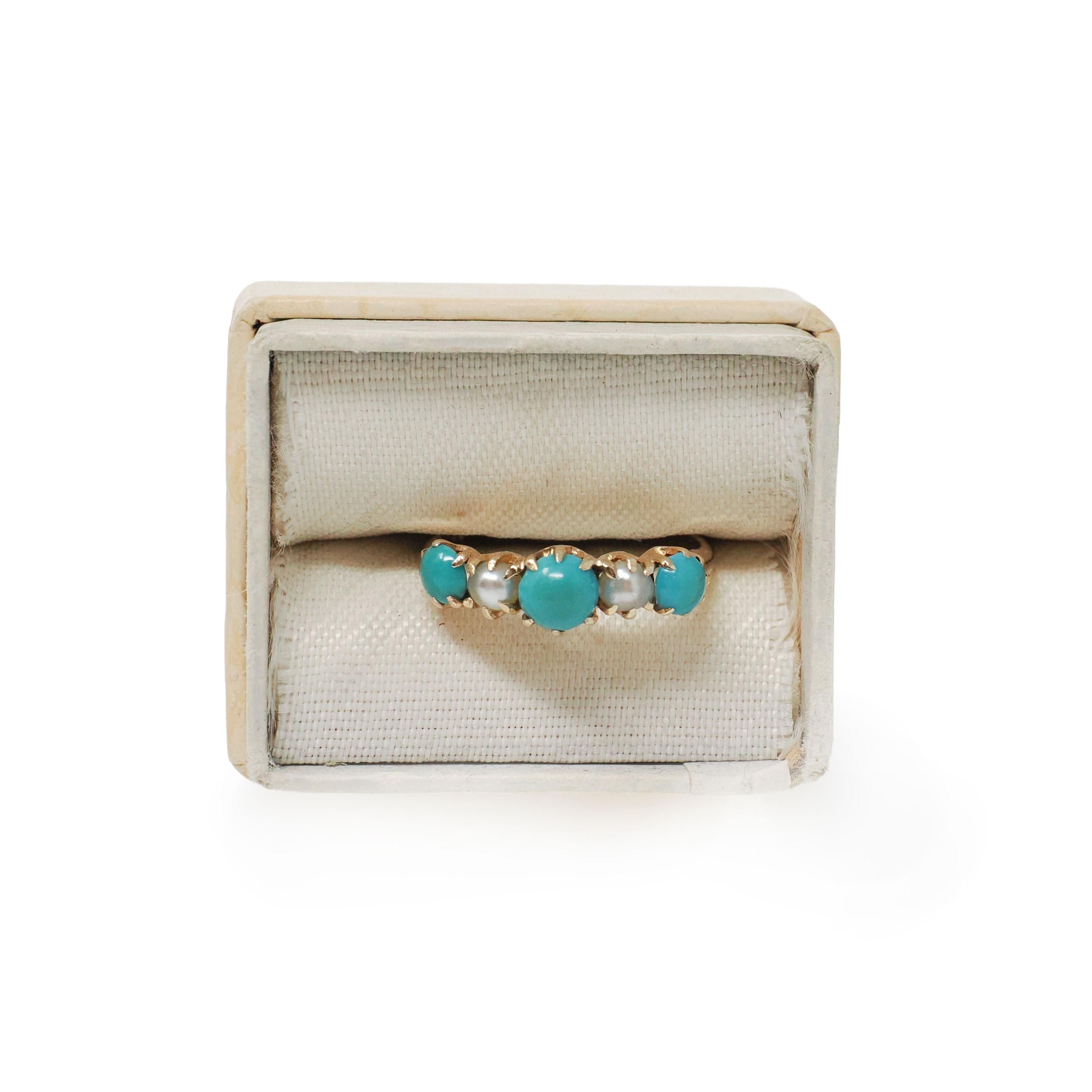 Turquoise & Pearl Ring - Edwardian 14k Yellow Gold Natural Blue Cultured White Gems - Antique Circa 1900s Era Dainty Size 3 3/4 Fine Jewelry