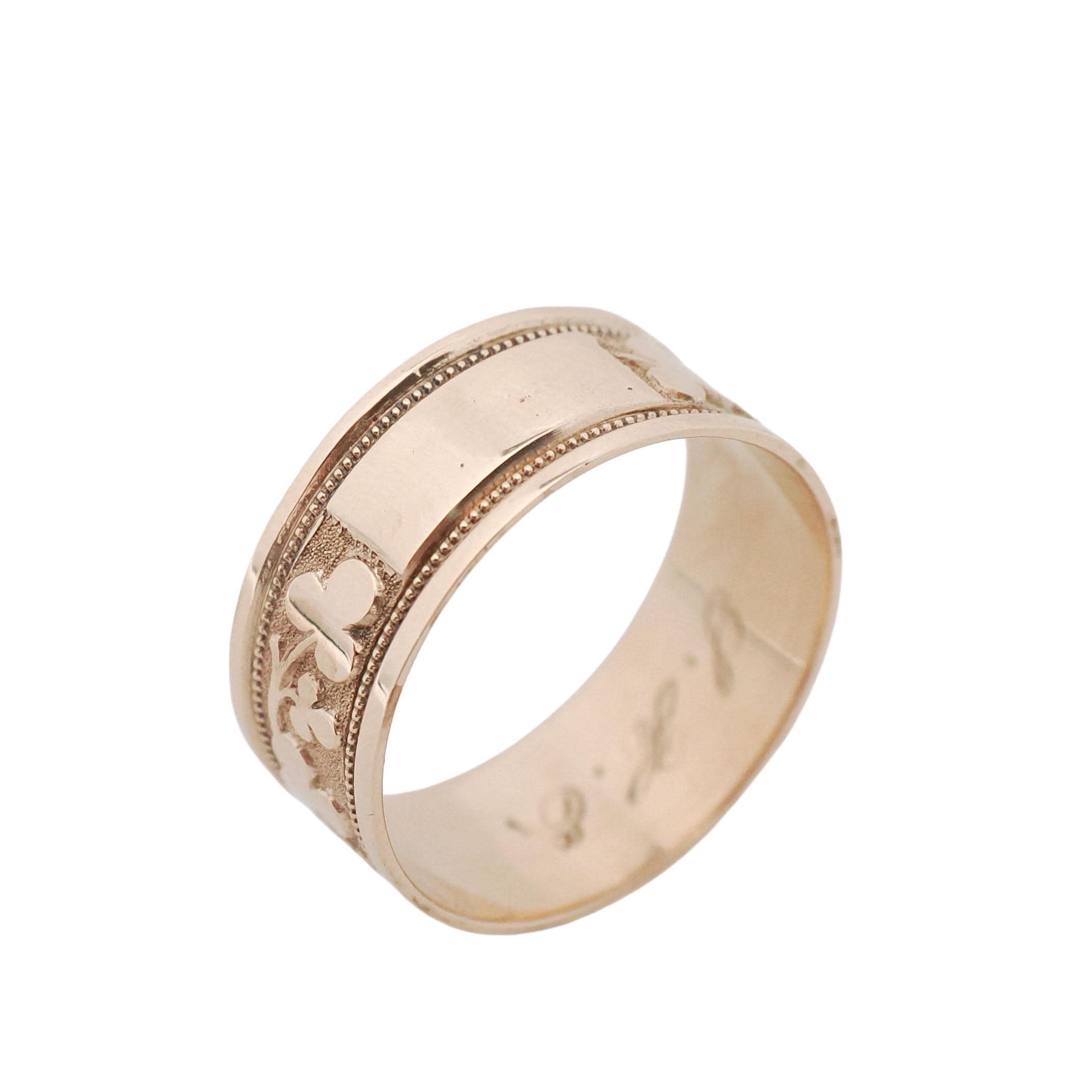 Antique Cigar Band - Edwardian 10k Rosy Yellow Gold Nature Clover Designs Wide Ring - Vintage Circa 1900s Era Size 8 1/4 Unisex Fine Jewelry