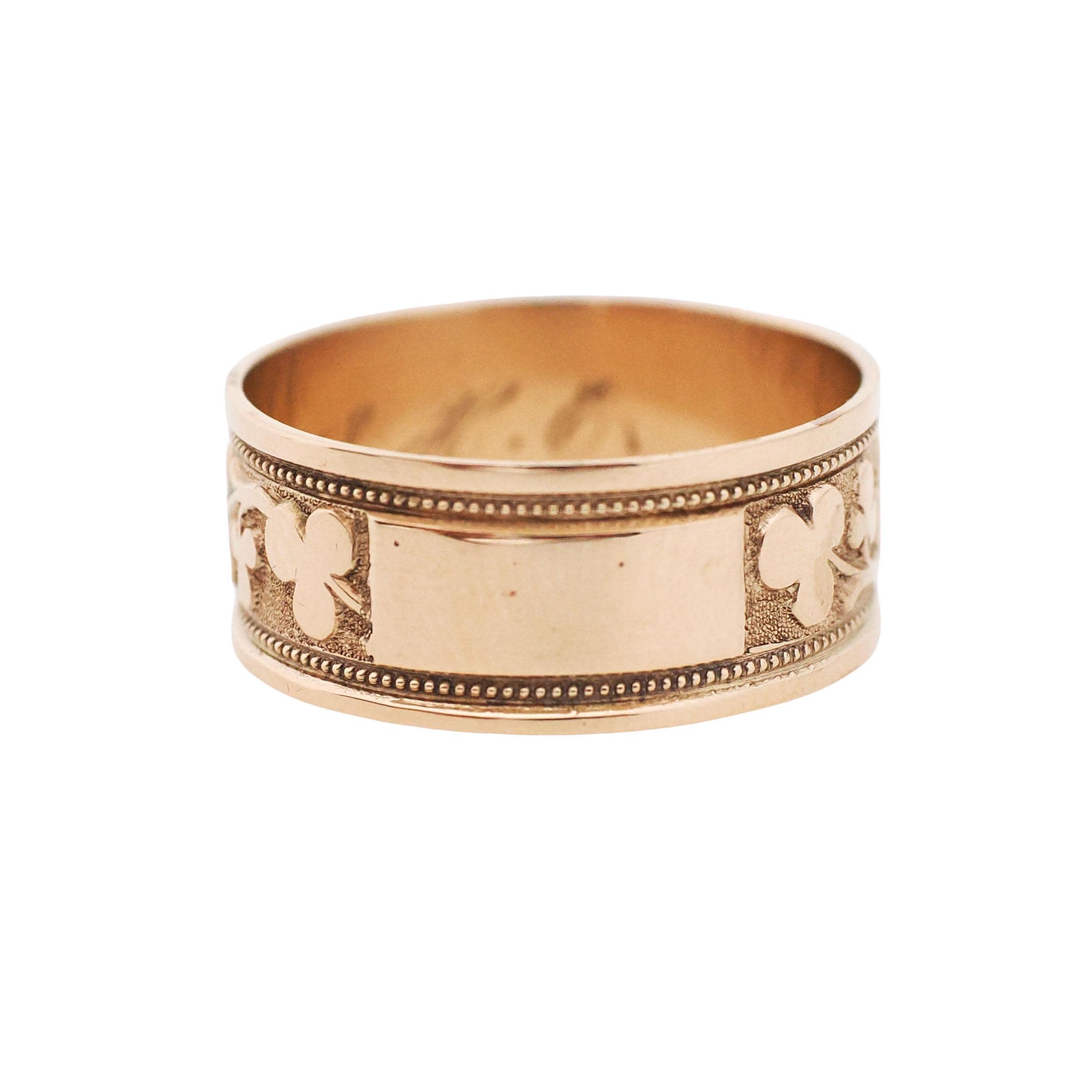 Antique Cigar Band - Edwardian 10k Rosy Yellow Gold Nature Clover Designs Wide Ring - Vintage Circa 1900s Era Size 8 1/4 Unisex Fine Jewelry
