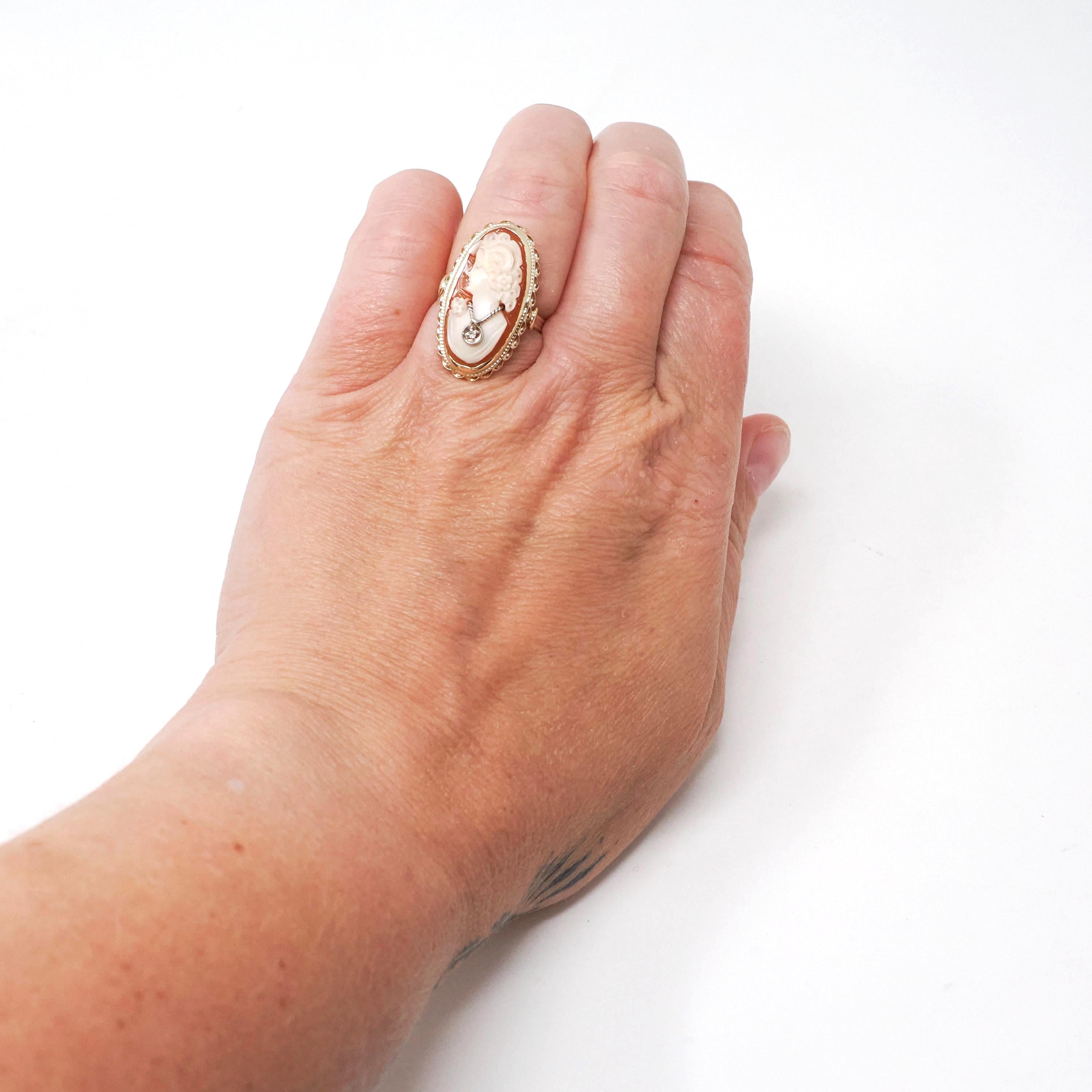Vintage Cameo Habillé Ring - Mid Century 14k Yellow Gold Natural Diamond - Circa 1960s Era Size 6 Carved Shell Woman's Portrait Fine Jewelry