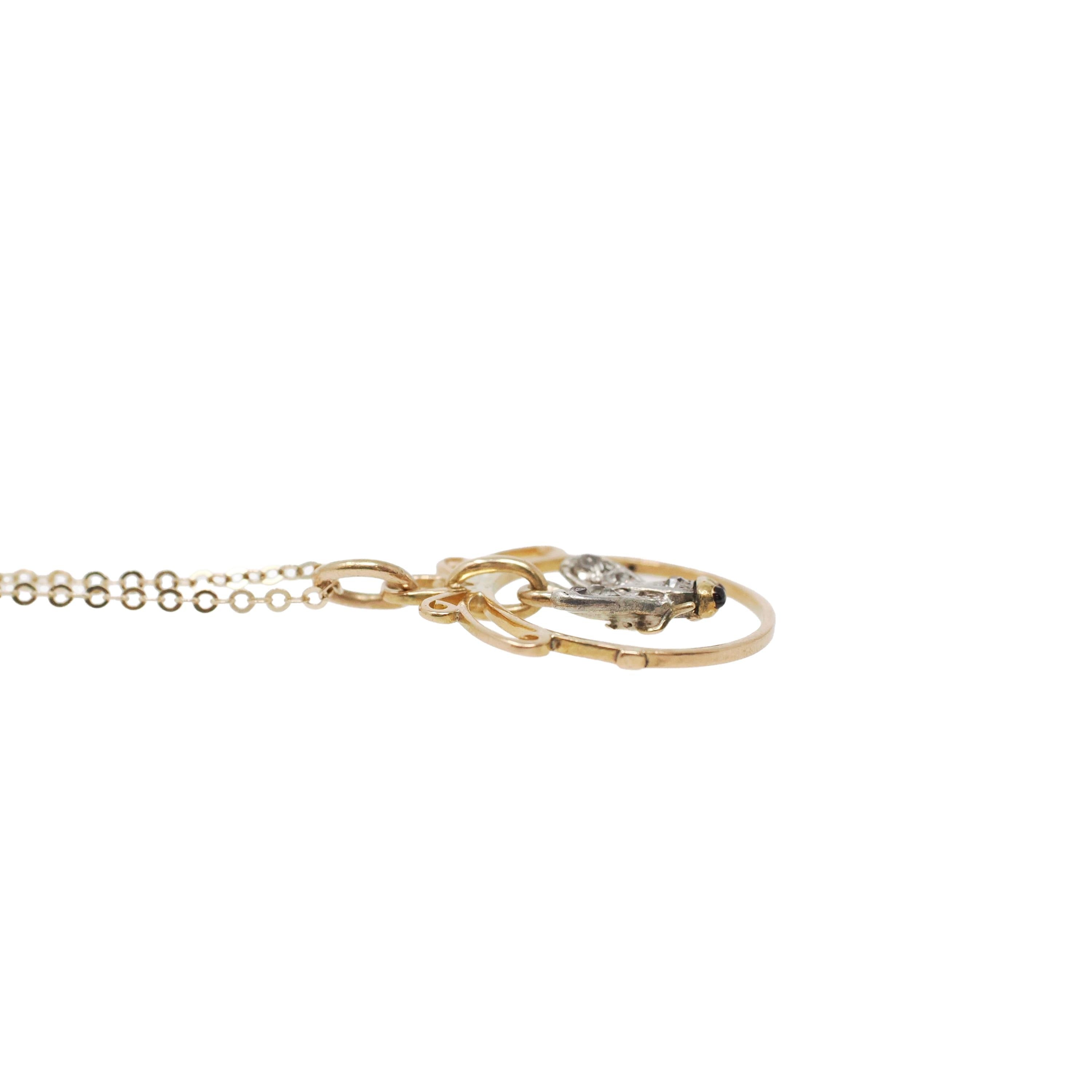 Antique Fly Charm - Georgian Victorian 18k Yellow Gold Sterling Silver Natural Diamonds Garnets Pendant Necklace - 19th Century Era Jewelry