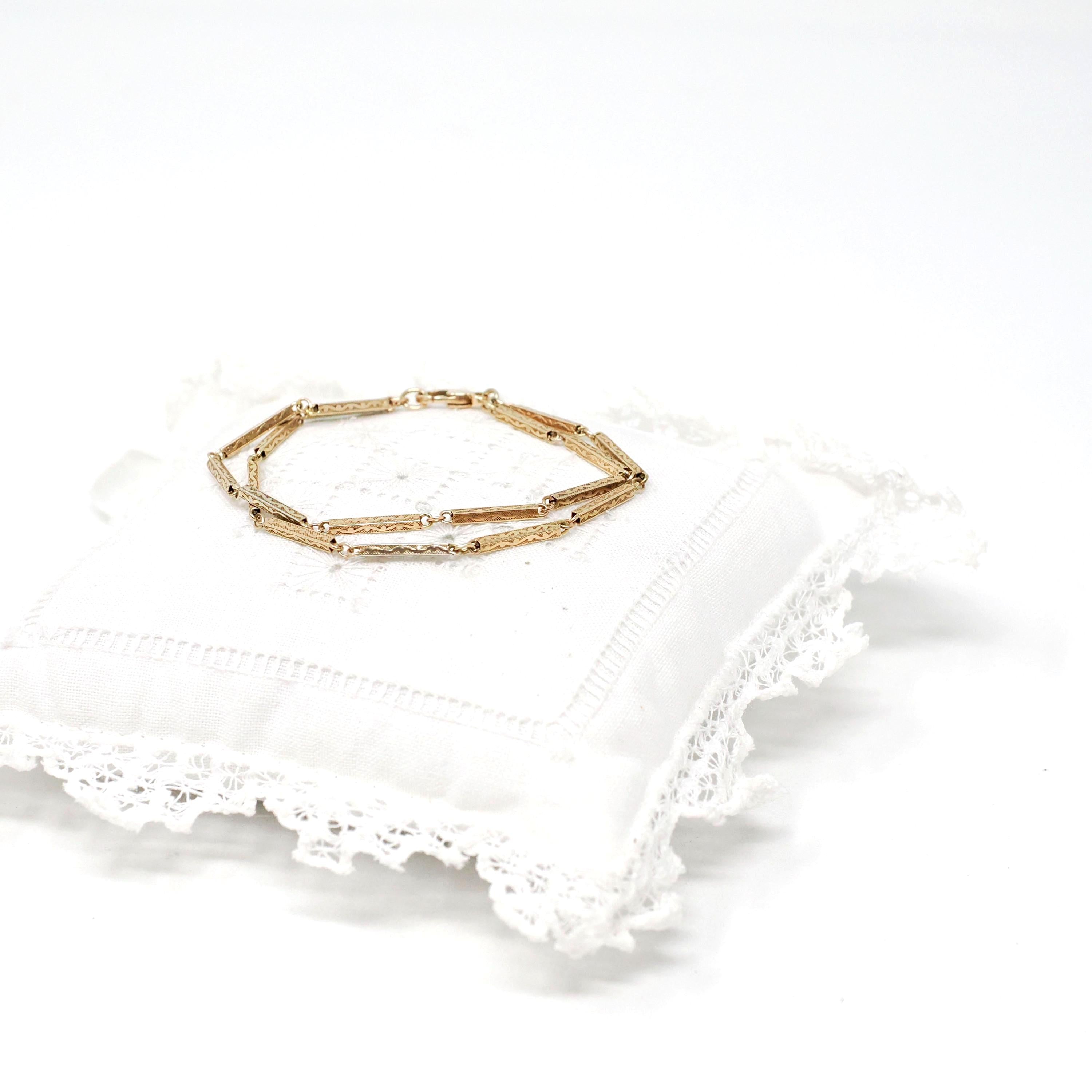 Antique Edwardian Bracelet - Vintage 14k Yellow Gold Rectangular Links Pocket Watch Conversion - Circa 1910s Floral 6 1/4 Inch Fine Jewelry