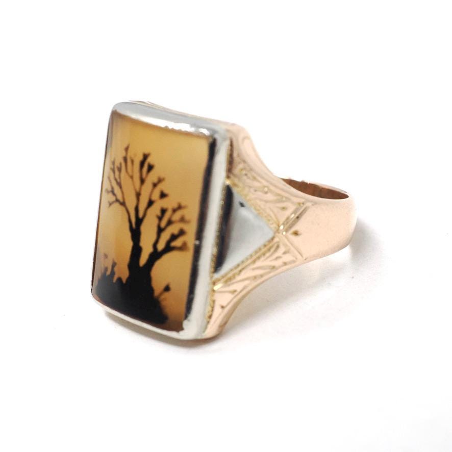 Vintage Chalcedony Ring - Mid Century Era 10k Yellow 14k White Gold Unisex Gemstone Signet - Circa 1940s Size 9 Two Tone Tree Fine Jewelry