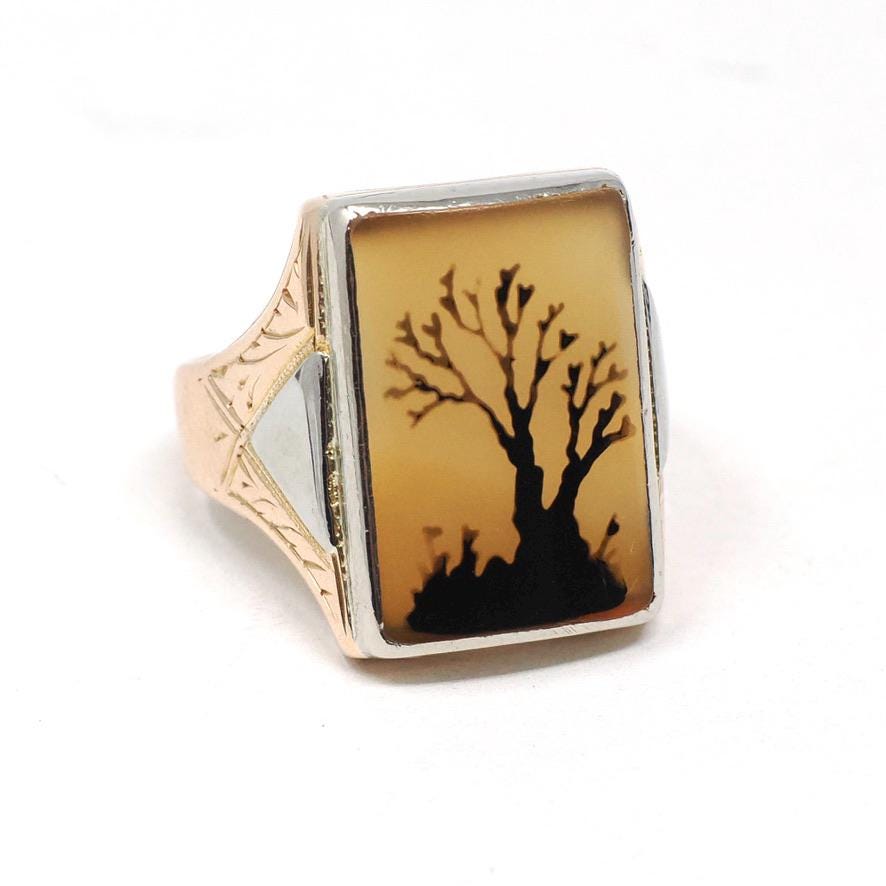 Vintage Chalcedony Ring - Mid Century Era 10k Yellow 14k White Gold Unisex Gemstone Signet - Circa 1940s Size 9 Two Tone Tree Fine Jewelry