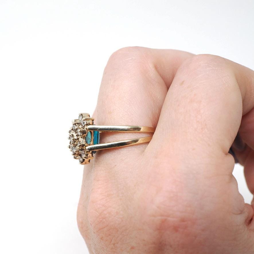 Reversible Flip Ring - Estate 14k Yellow Gold Natural Diamond Green Topaz Double Sided Statement - Circa 2000's Size 7 Cluster Fine Jewelry