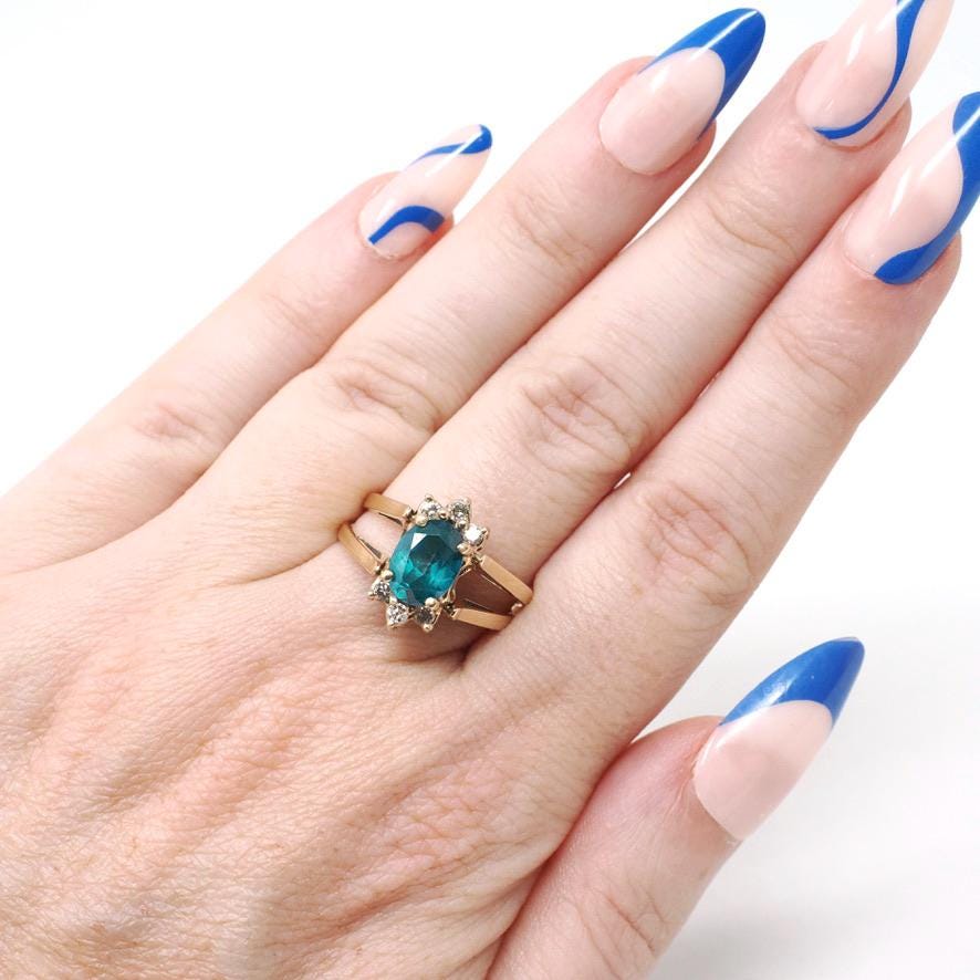 Reversible Flip Ring - Estate 14k Yellow Gold Natural Diamond Green Topaz Double Sided Statement - Circa 2000's Size 7 Cluster Fine Jewelry