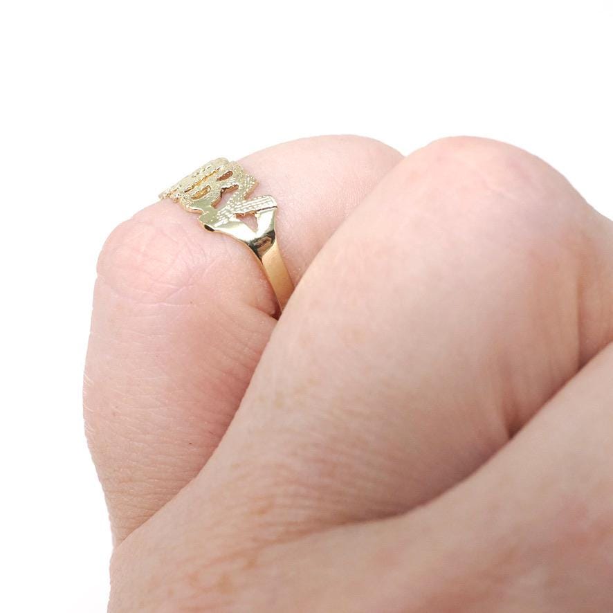 Vintage "Baby" Ring - Estate 10k Yellow Gold Textured Pet Name Band - Circa 1990s Era Size 1.5 Petite Dainty Stylish Newborn Fine Jewelry
