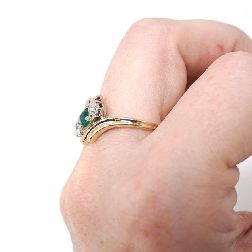 Vintage Bypass Ring - Mid Century 14k Yellow & White Gold Natural Emerald .42 CTW Diamonds - Circa 1950s Size 9 May Birthstone Fine Jewelry