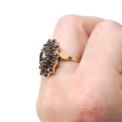 Vintage Garnet Ring - Mid Century 14k Yellow Gold & Silver Natural Dark Red Gemstone Cluster Statement - Circa 1940s Era Size 6 Fine Jewelry