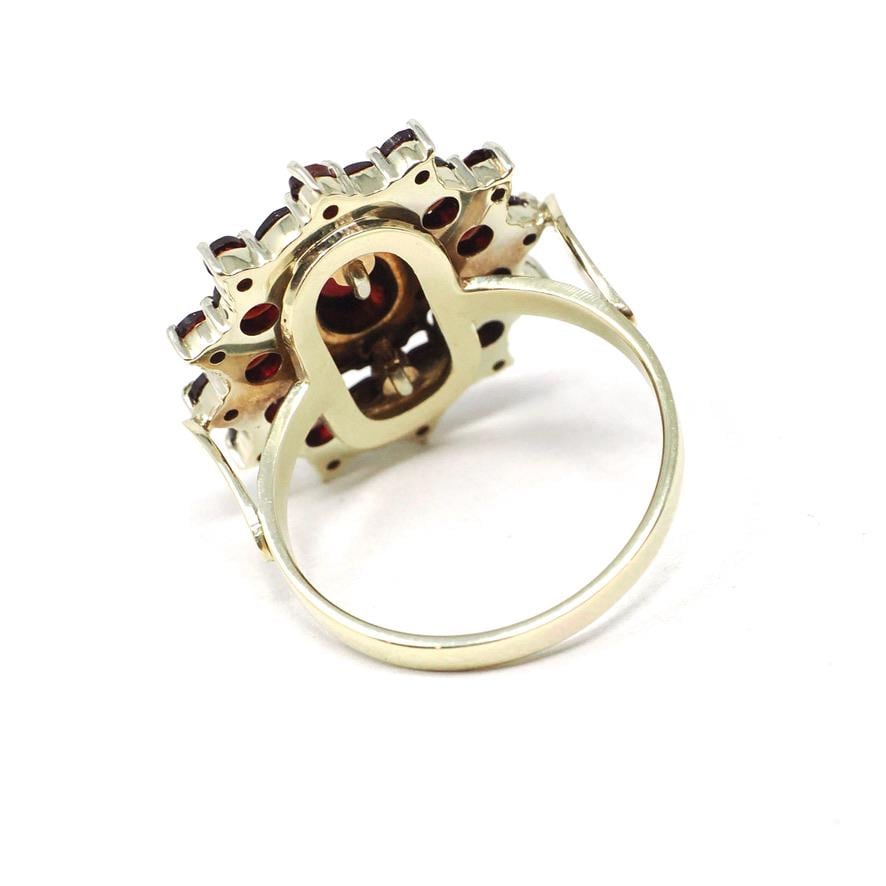 Vintage Garnet Ring - Mid Century 14k Yellow Gold & Silver Natural Dark Red Gemstone Cluster Statement - Circa 1940s Era Size 6 Fine Jewelry