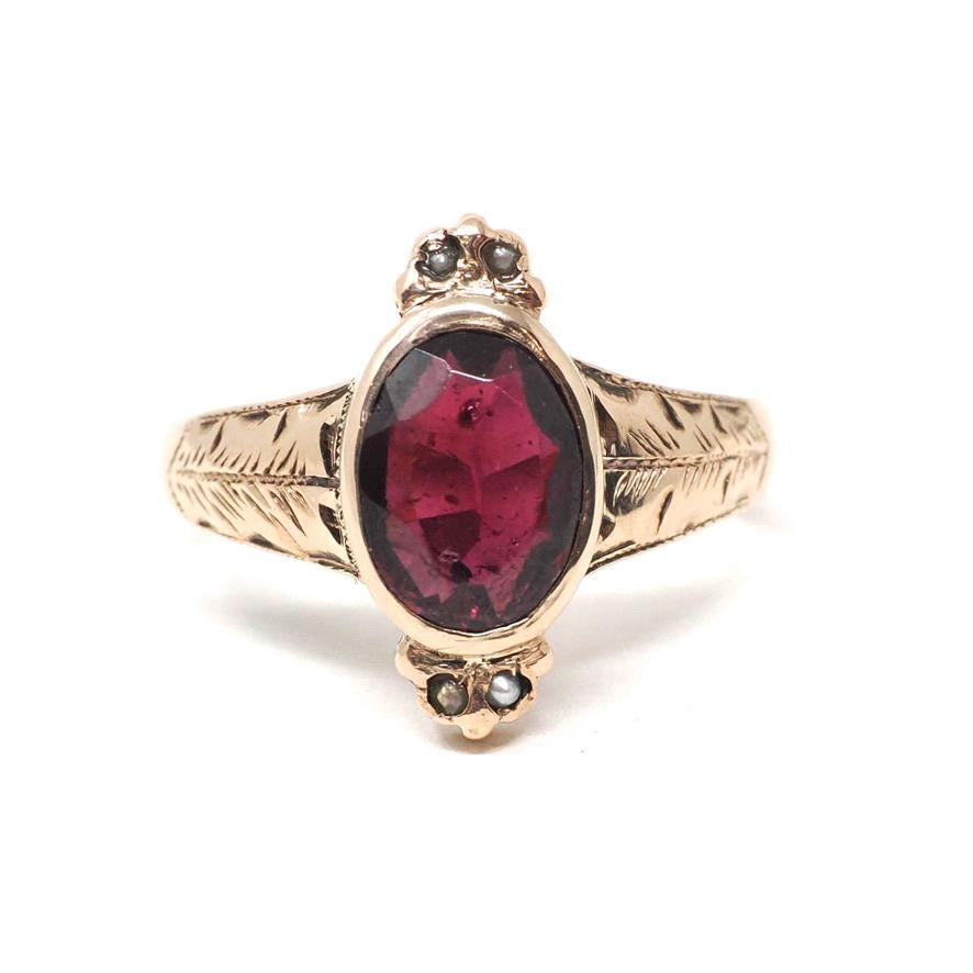 Victorian Garnet Ring - Antique 10k Rose Gold Natural Oval Red 1.87 CT Gemstone Seed Pearls - Vintage Late 1800s Size 8 Leaf Fine Jewelry