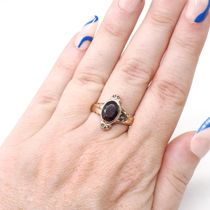 Victorian Garnet Ring - Antique 10k Rose Gold Natural Oval Red 1.87 CT Gemstone Seed Pearls - Vintage Late 1800s Size 8 Leaf Fine Jewelry