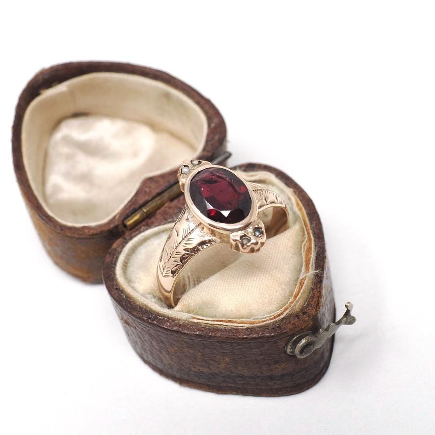Victorian Garnet Ring - Antique 10k Rose Gold Natural Oval Red 1.87 CT Gemstone Seed Pearls - Vintage Late 1800s Size 8 Leaf Fine Jewelry