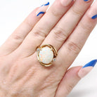 Vintage Opal & Diamond Ring - Estate 14k Yellow Gold Created Gemstone Bypass .12 CTW - Modern Circa 1980s Size 6 3/4 Fine October Jewelry