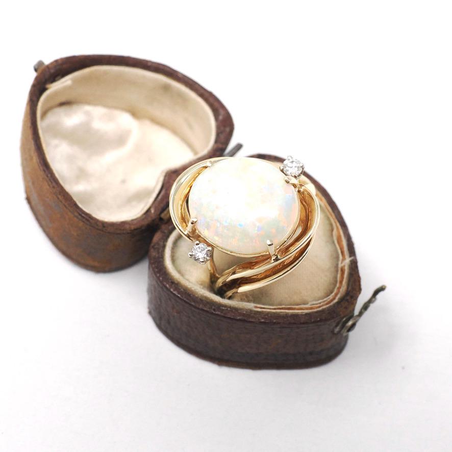 Vintage Opal & Diamond Ring - Estate 14k Yellow Gold Created Gemstone Bypass .12 CTW - Modern Circa 1980s Size 6 3/4 Fine October Jewelry