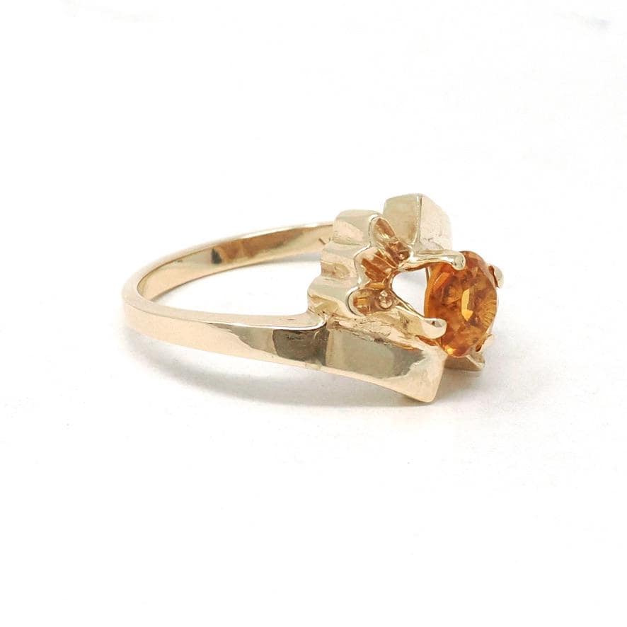 Vintage Citrine Ring - Retro 14k Yellow Gold Round Orange .59 CT Gemstone - Circa 1960s Era Size 6.5 November Birthstone Bypass Fine Jewelry