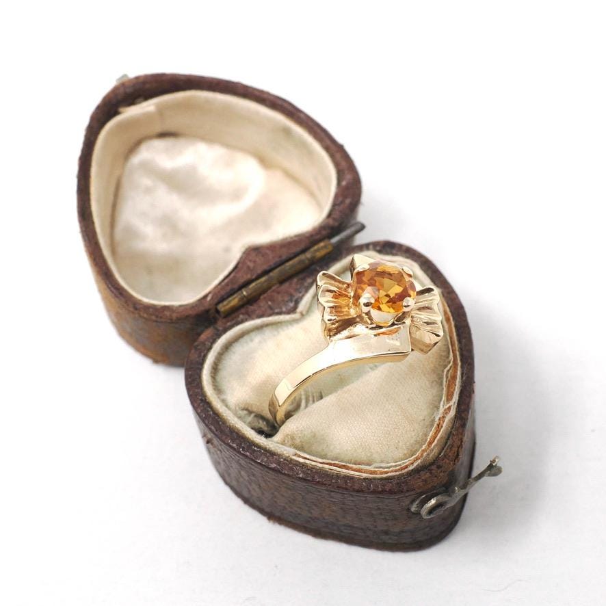 Vintage Citrine Ring - Retro 14k Yellow Gold Round Orange .59 CT Gemstone - Circa 1960s Era Size 6.5 November Birthstone Bypass Fine Jewelry