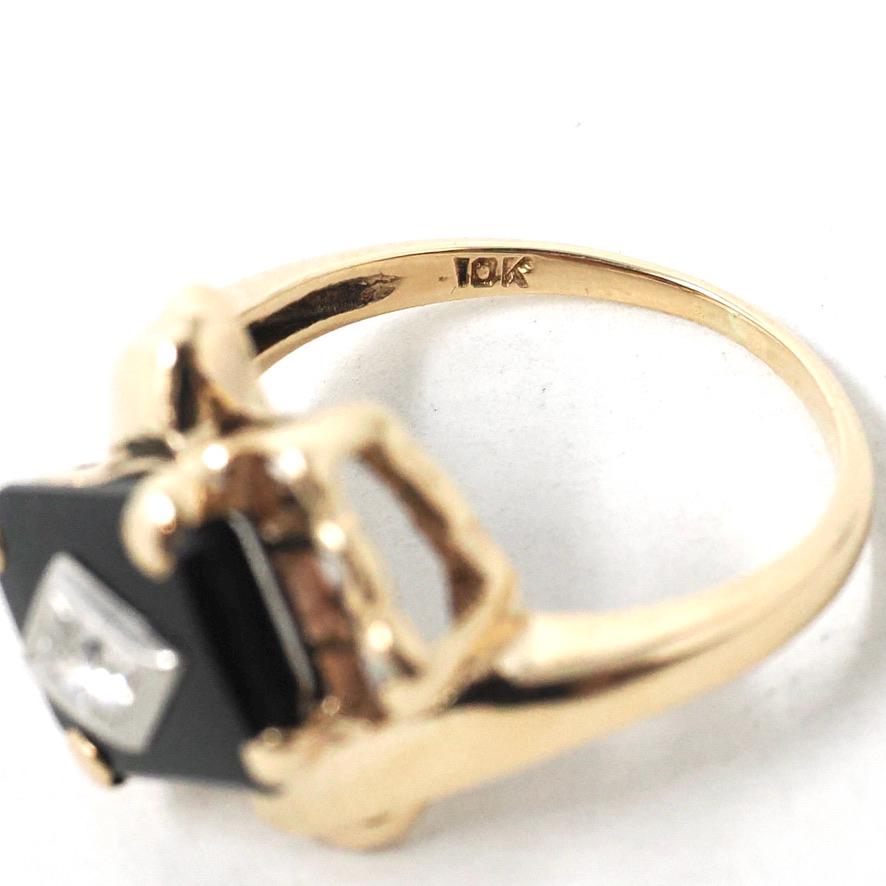 Vintage Onyx Ring - Retro 10k Yellow Gold Natural Black Chalcedony & .10 CT Diamond Bypass - Circa 1960s Era Size 5.5 Statement Fine Jewelry