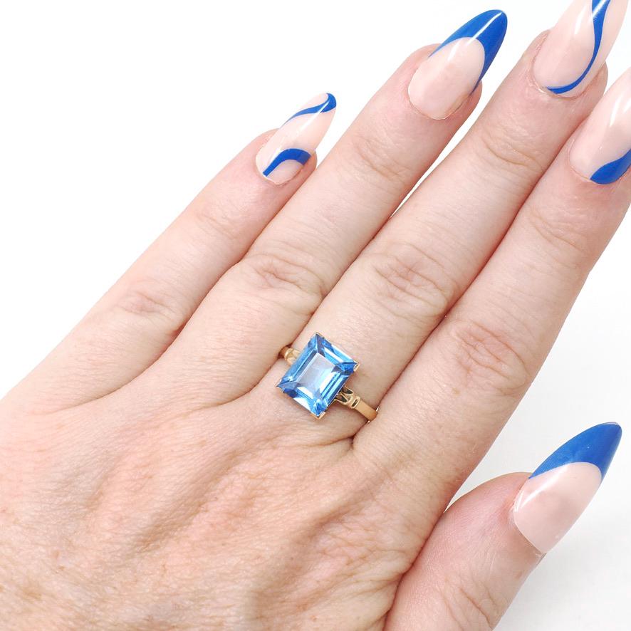 Simulated Aquamarine Ring - Mid Century 10k Yellow Gold Blue Glass Stone - Circa 1940s Era Size 6 Solitaire Statement Cocktail Fine Jewelry