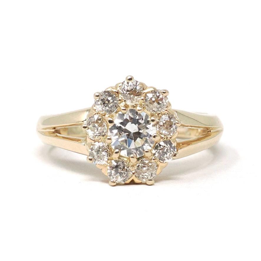 Antique Diamond Halo Ring - Edwardian Era Natural 1.21 CTW Old European Cut Gemstone Cluster - Vintage Size 7 1/4 Fine Engagement Jewelry