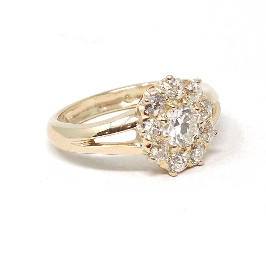 Antique Diamond Halo Ring - Edwardian Era Natural 1.21 CTW Old European Cut Gemstone Cluster - Vintage Size 7 1/4 Fine Engagement Jewelry