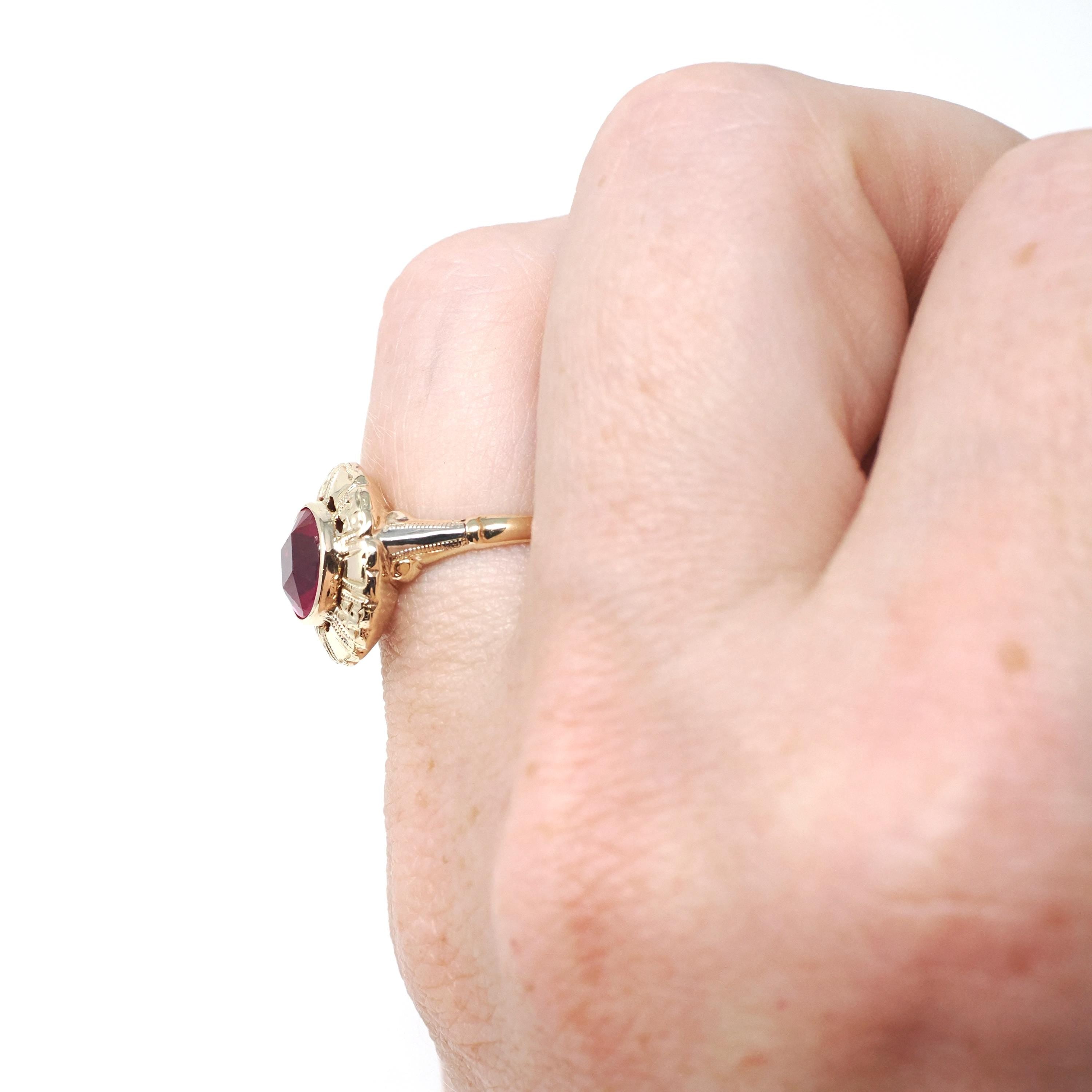 Vintage Created Ruby Ring - Retro 14k Yellow White Gold Round Target Statement - Circa 1940s Era Size 5 1/4 July Birthstone Fine Jewelry