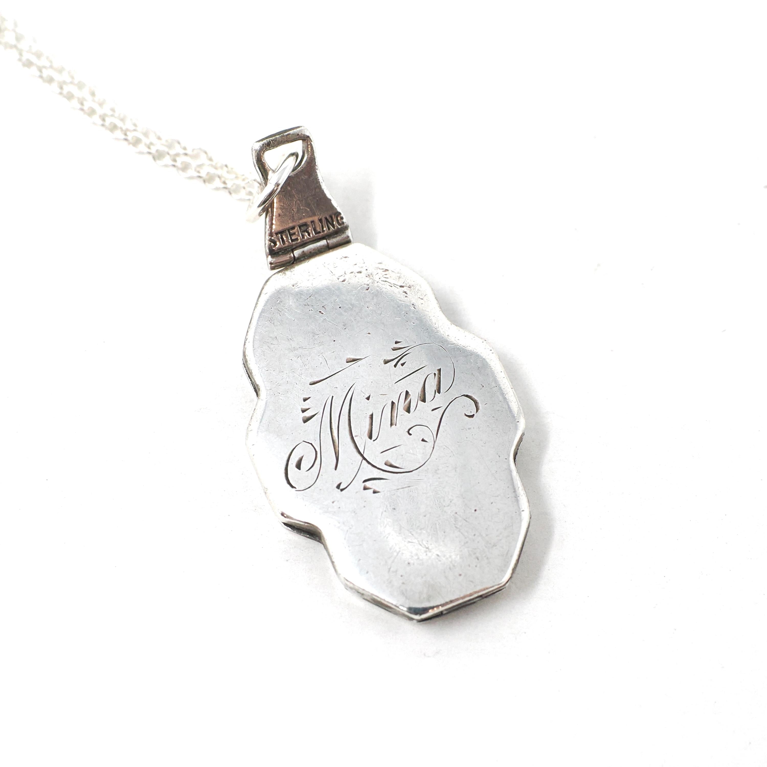 Antique Flower Locket - Art Deco Sterling Silver Yellow Guilloche Enamel Necklace Pendant - Dated 1924 Engraved "Mina" Keepsake Jewelry