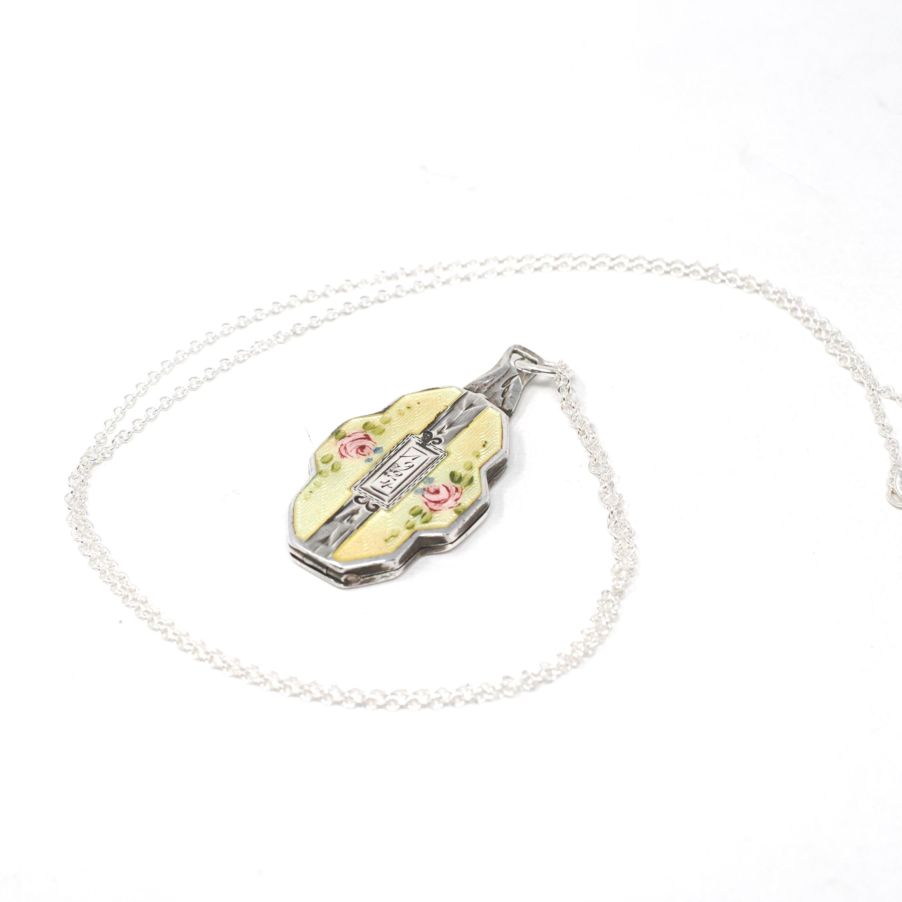 Antique Flower Locket - Art Deco Sterling Silver Yellow Guilloche Enamel Necklace Pendant - Dated 1924 Engraved "Mina" Keepsake Jewelry