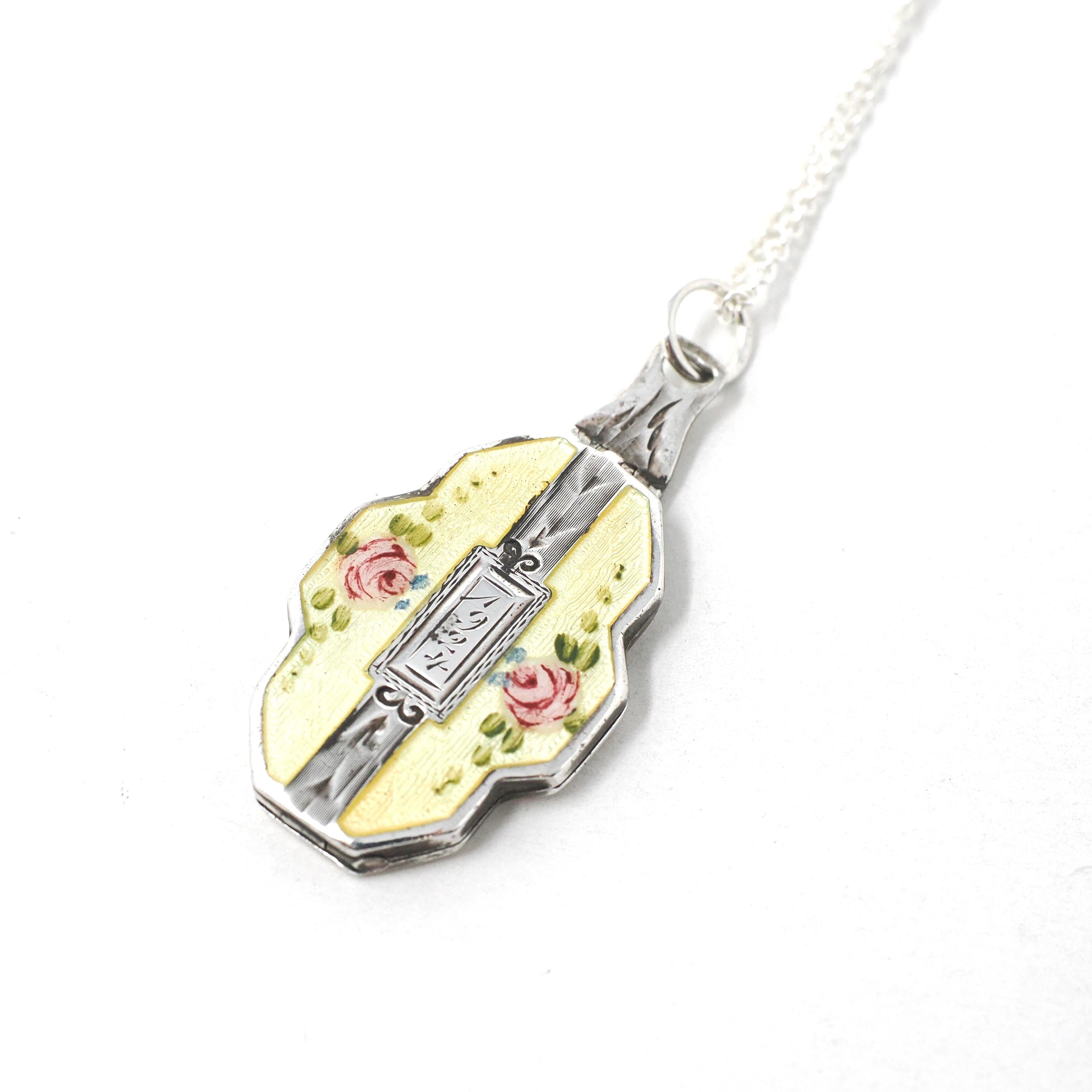 Antique Flower Locket - Art Deco Sterling Silver Yellow Guilloche Enamel Necklace Pendant - Dated 1924 Engraved "Mina" Keepsake Jewelry