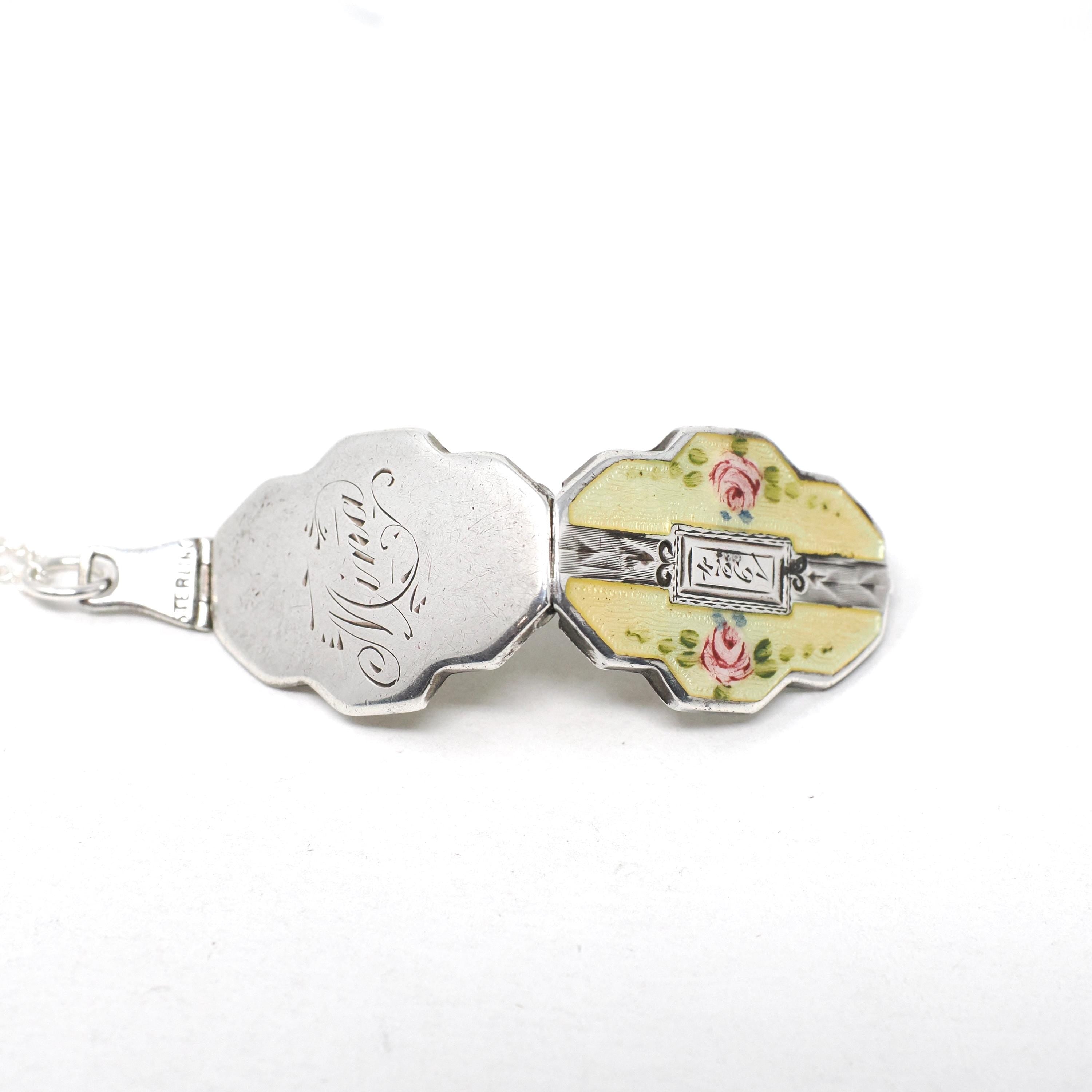 Antique Flower Locket - Art Deco Sterling Silver Yellow Guilloche Enamel Necklace Pendant - Dated 1924 Engraved "Mina" Keepsake Jewelry
