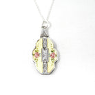 Antique Flower Locket - Art Deco Sterling Silver Yellow Guilloche Enamel Necklace Pendant - Dated 1924 Engraved "Mina" Keepsake Jewelry