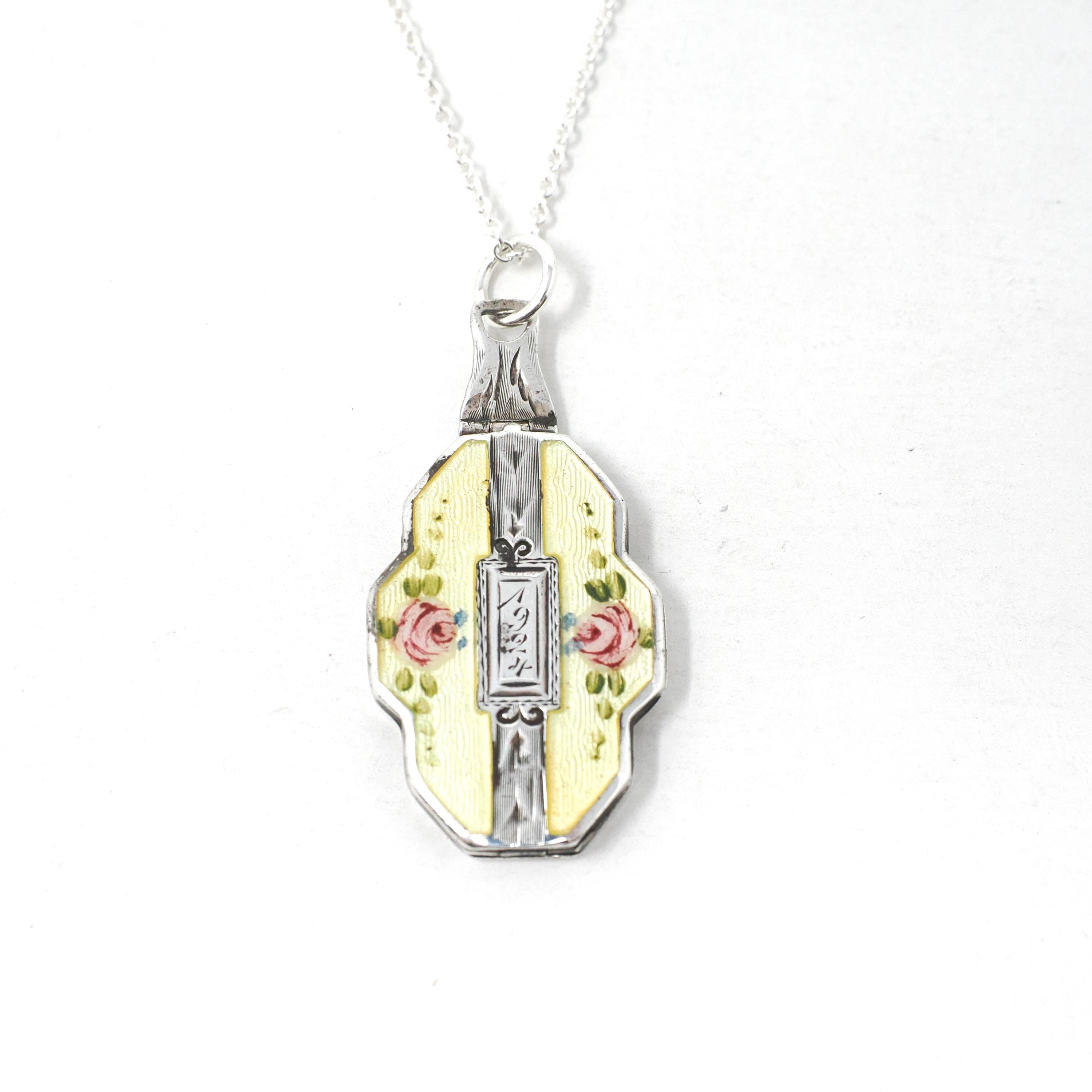 Antique Flower Locket - Art Deco Sterling Silver Yellow Guilloche Enamel Necklace Pendant - Dated 1924 Engraved "Mina" Keepsake Jewelry
