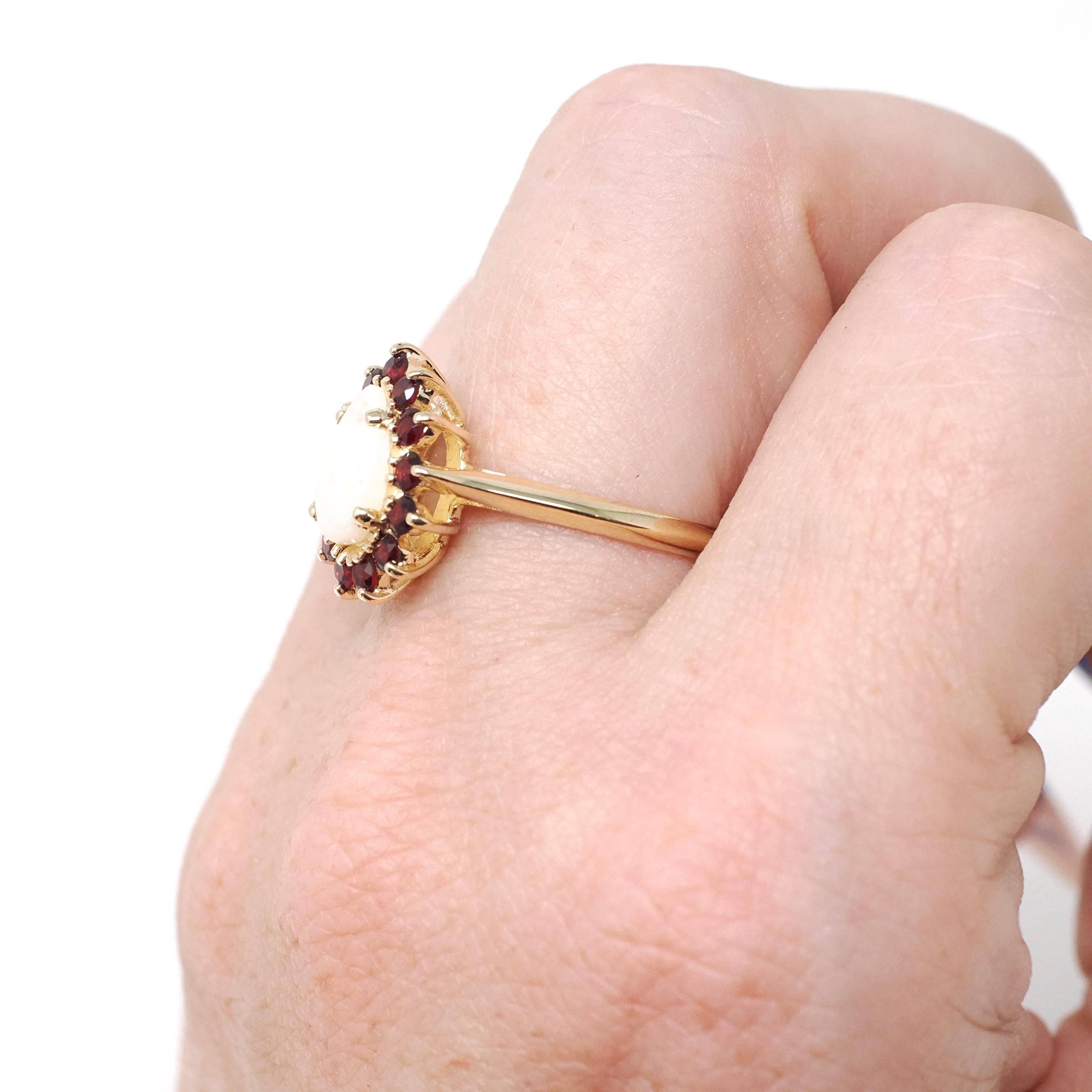 Opal & Garnet Ring - Modern 10k Yellow Gold Pear Halo Natural Gemstones Cluster - Estate Circa 1990s Era Size 7 Fine Statement 90s Jewelry