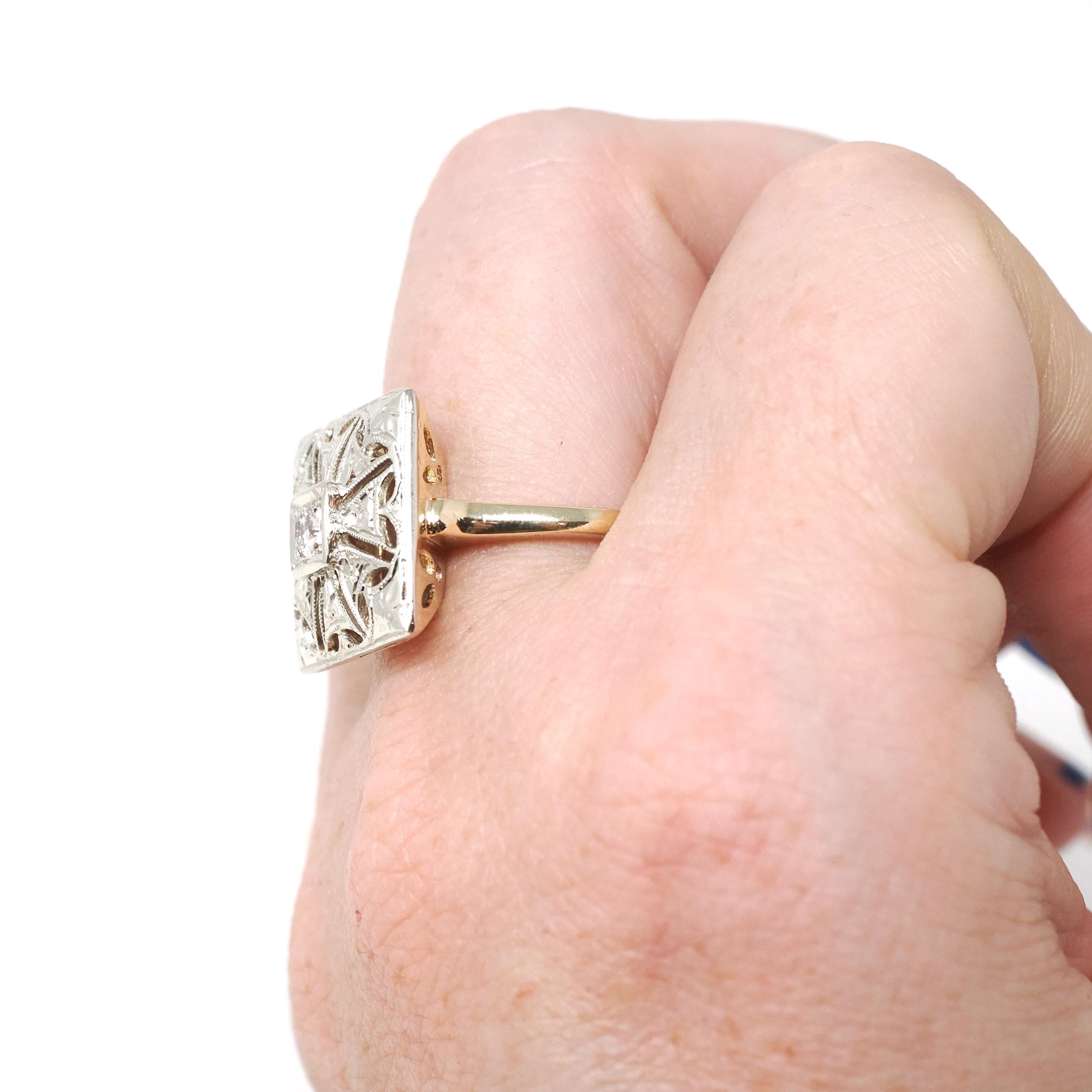 Vintage Shield Ring - Mid Century 14K Yellow & White Gold Natural .12 CT Diamond - Circa 1950s Era Size 6 3/4 Illusion Style Fine Jewelry