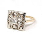 Vintage Shield Ring - Mid Century 14K Yellow & White Gold Natural .12 CT Diamond - Circa 1950s Era Size 6 3/4 Illusion Style Fine Jewelry