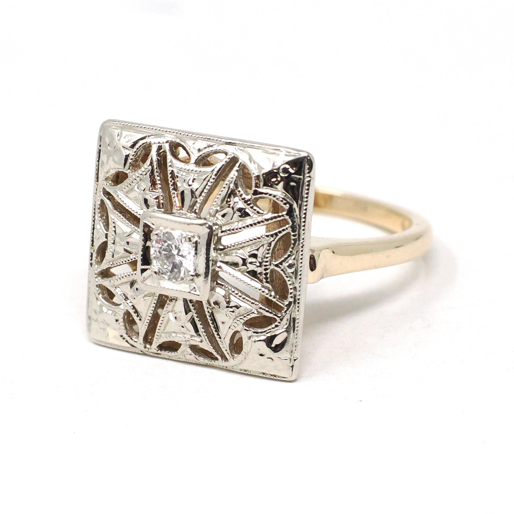 Vintage Shield Ring - Mid Century 14K Yellow & White Gold Natural .12 CT Diamond - Circa 1950s Era Size 6 3/4 Illusion Style Fine Jewelry
