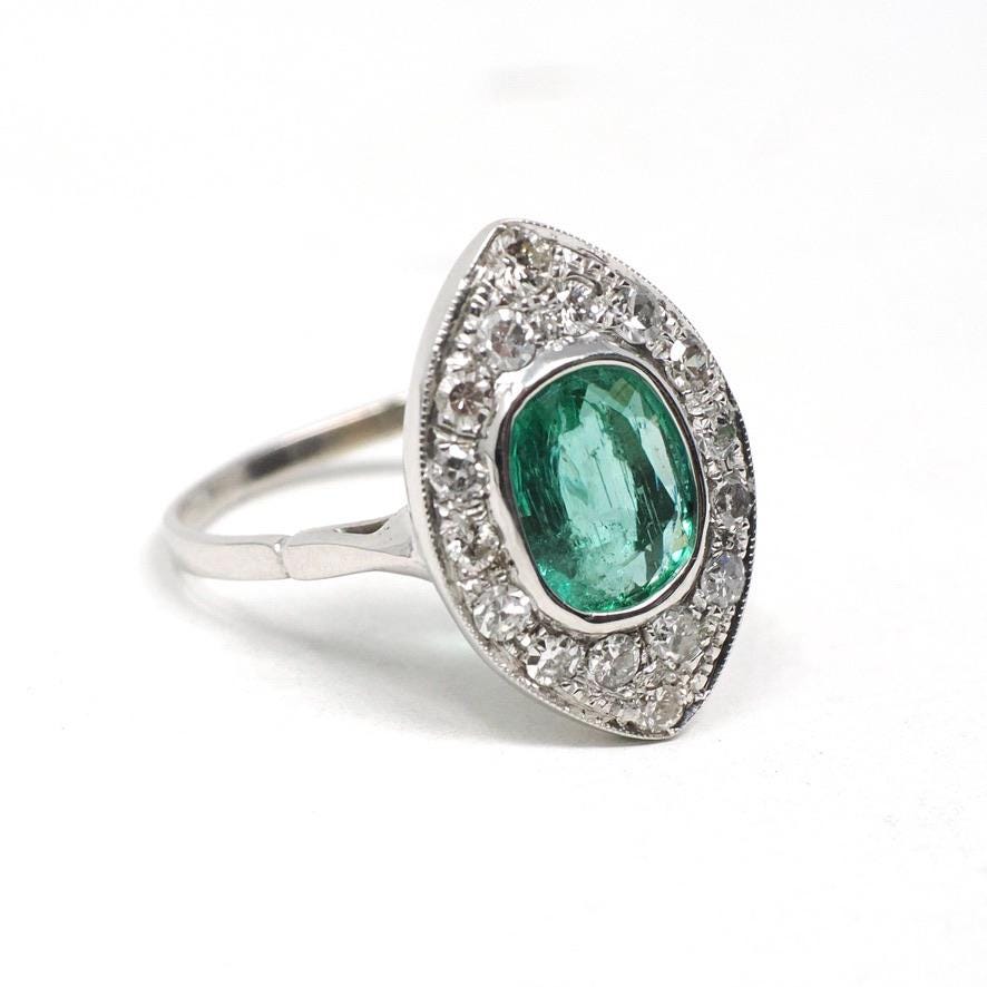 Art Deco Emerald Ring - Antique 18k White Gold Handmade Natural Green Gem Diamonds Shield Engagement - Circa 1920s Size 8 Halo Fine Jewelry