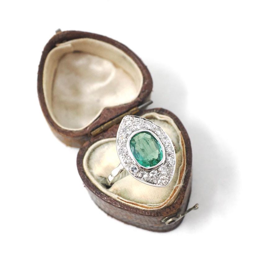 Art Deco Emerald Ring - Antique 18k White Gold Handmade Natural Green Gem Diamonds Shield Engagement - Circa 1920s Size 8 Halo Fine Jewelry