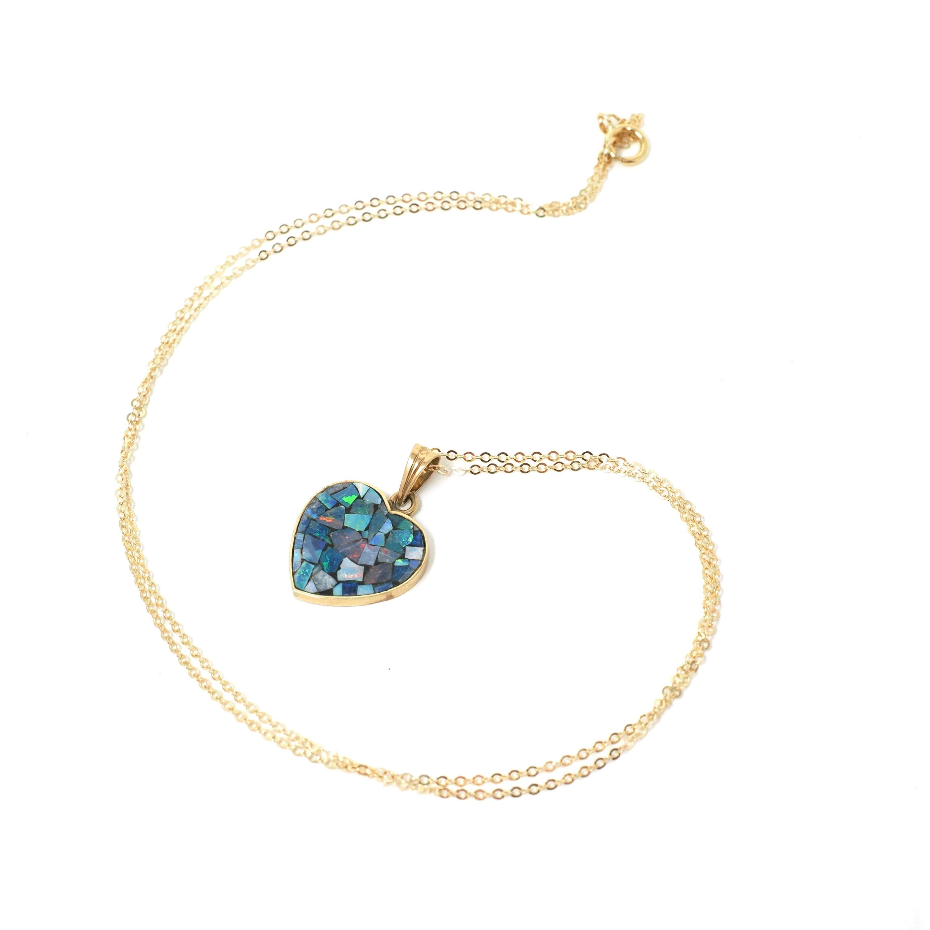 Opal Mosaic Necklace - Modern 14k Yellow Gold Blue Gemstone Pendant Charm - Estate Opal Doublet Statement October Birthstone Fine Jewelry
