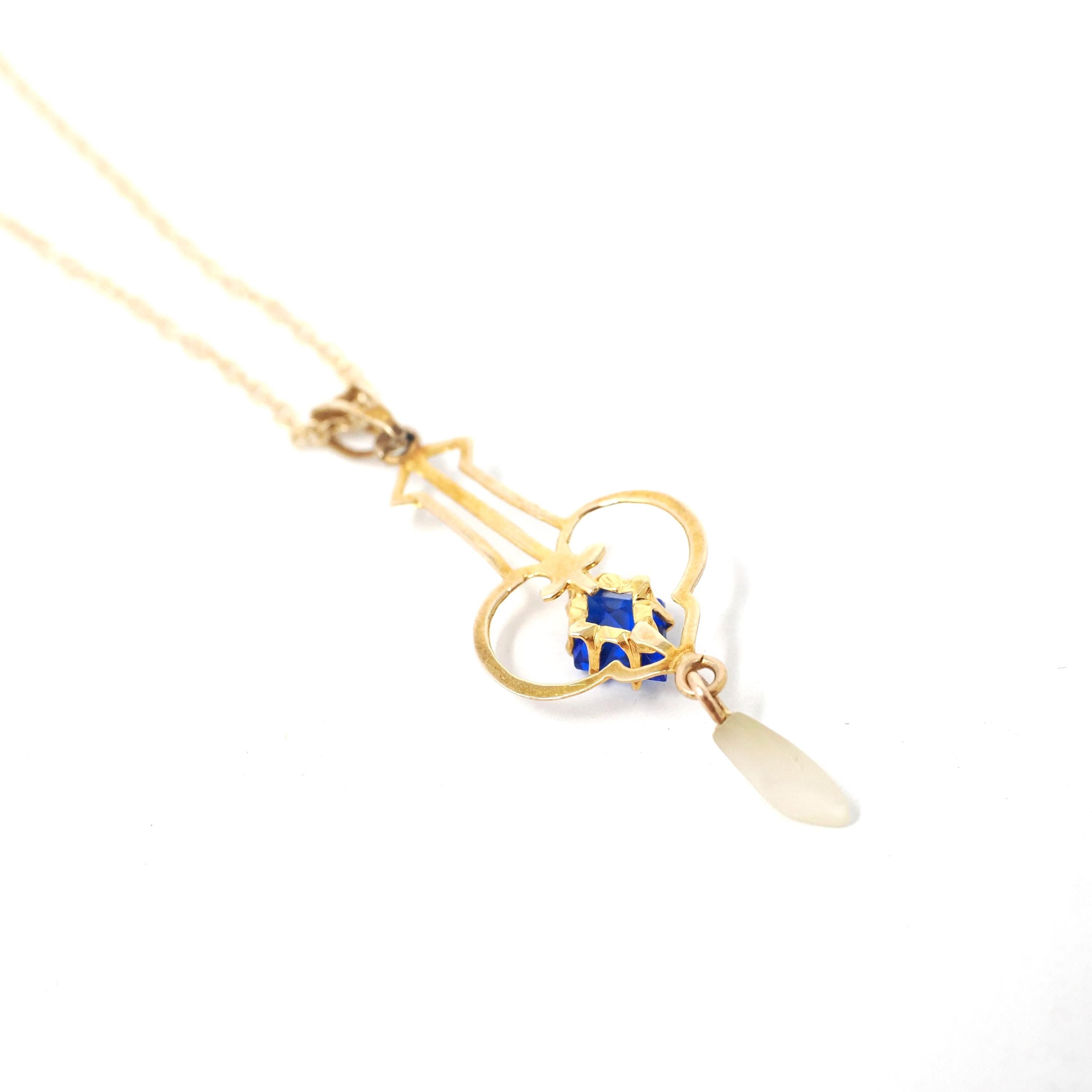 Antique Lavalier Necklace - Edwardian 10k Yellow Gold Baroque Pearl Pendant - Circa 1910s Era Simulated Blue Sapphire Glass Fine Jewelry