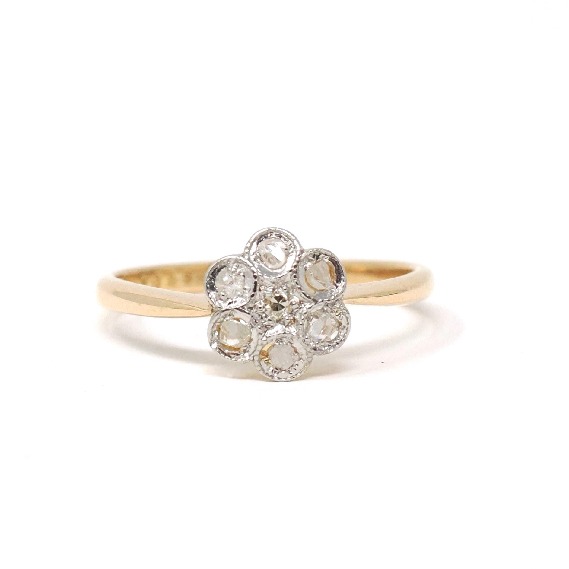 Antique Diamond Flower Ring - Edwardian Era 18k Yellow Gold Platinum .07 CTW Natural Gems - Vintage 1910s Size 5 Two Tone Halo Fine Jewelry